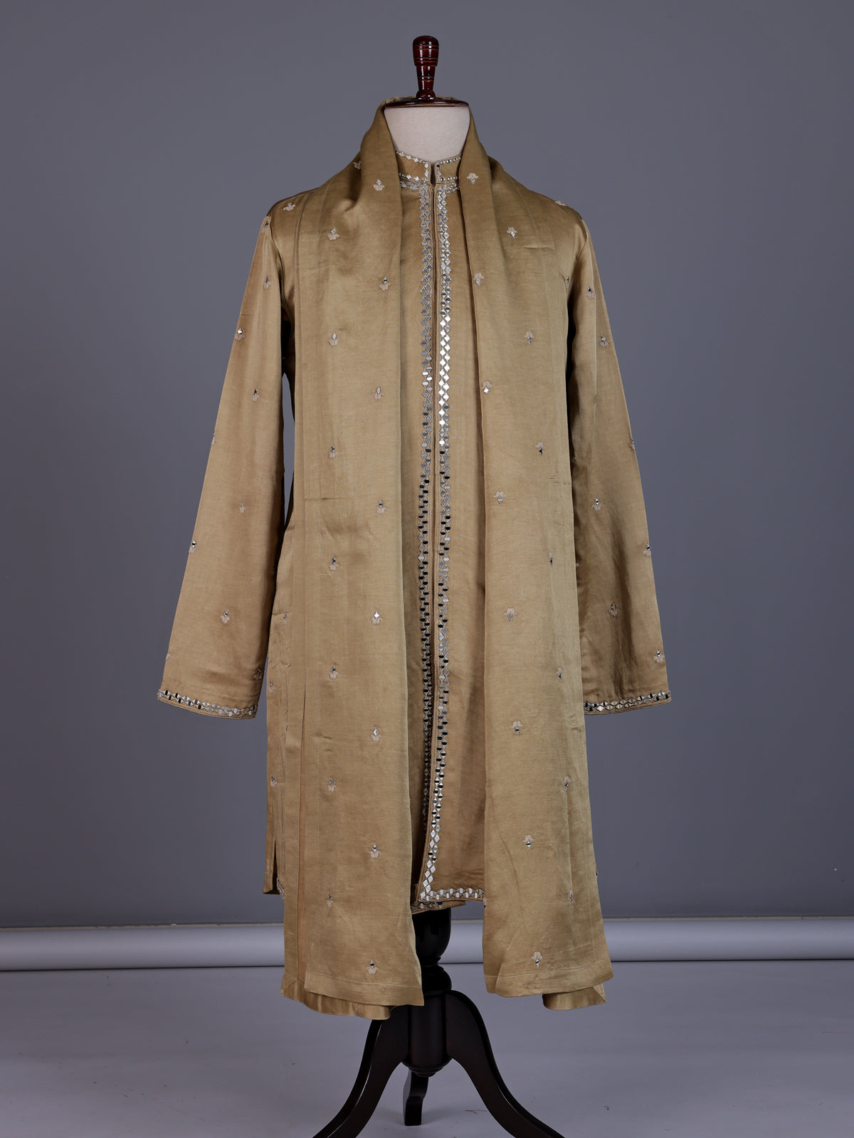 Pastel beige tusser silk mens kurta suit with mirrorwork embellished stole