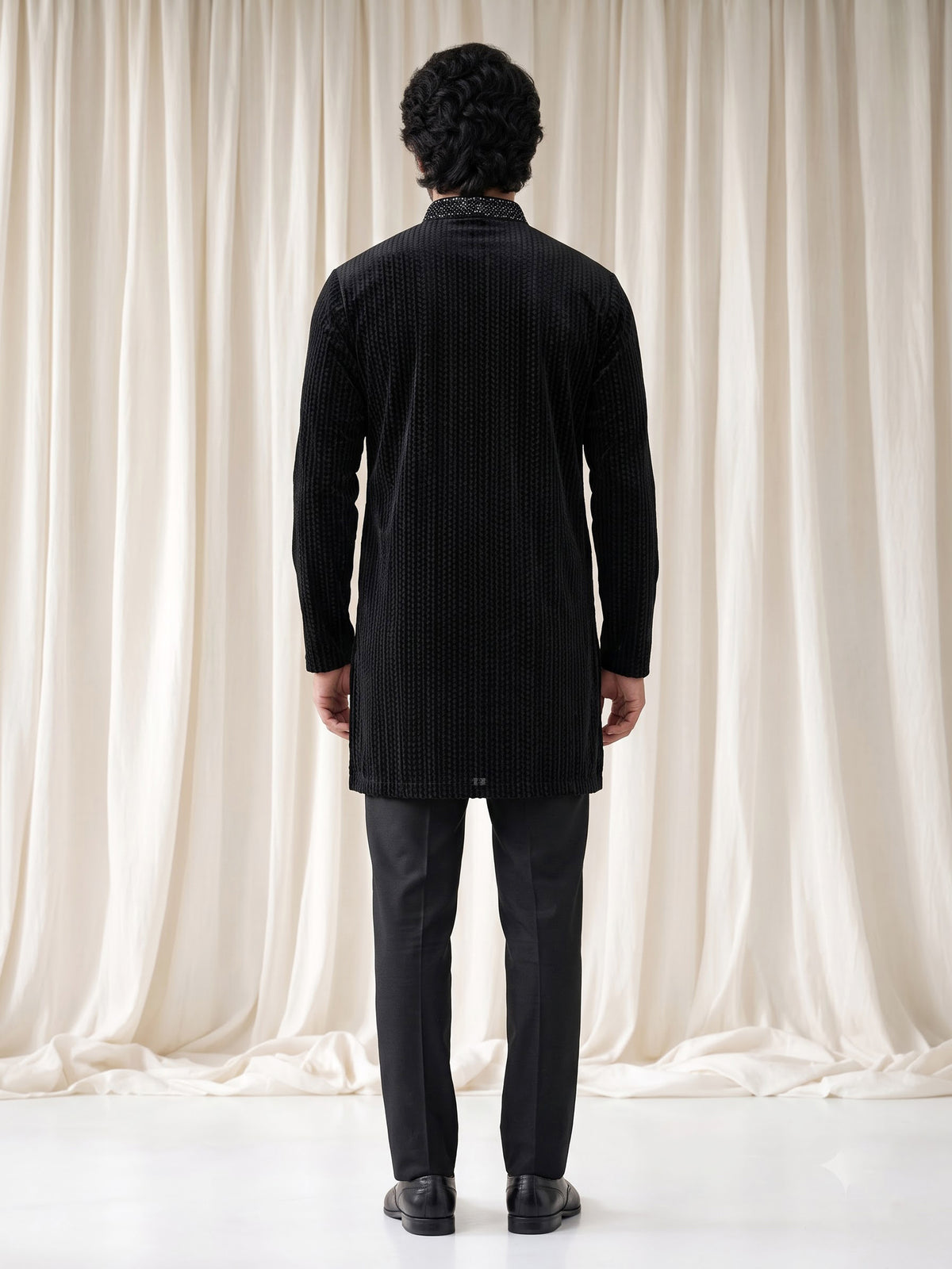 Black Textured Velvet mens kurta suit with embellished V-shaped yoke detailing