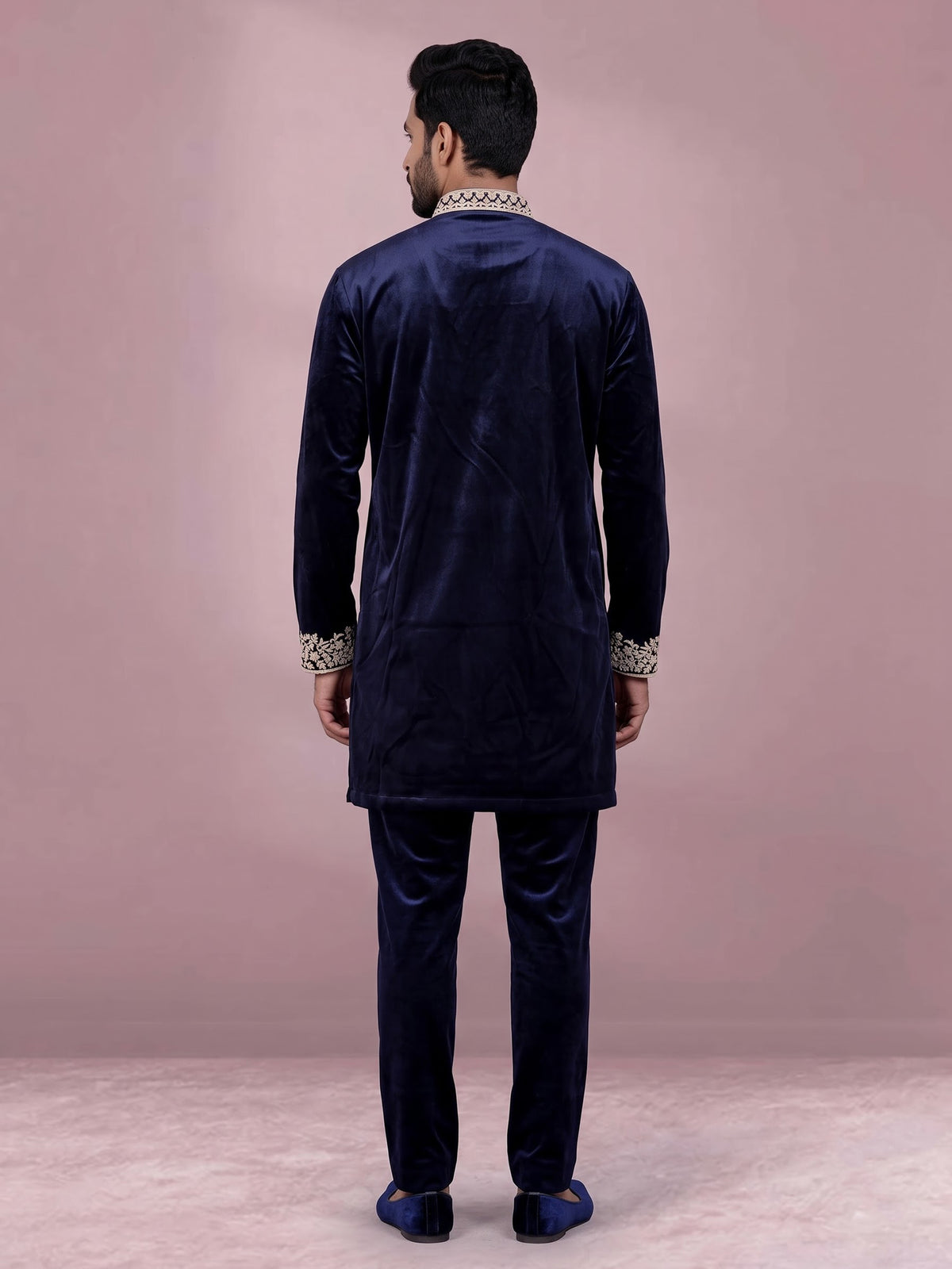 Blue micro velvet mens kurta suit with floral stone cutdana yoke