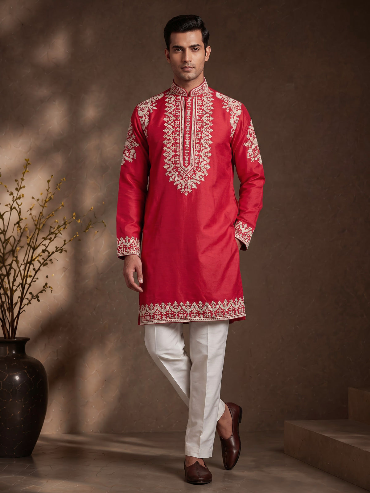Rani pink silk blend mens kurta suit with embellished yoke