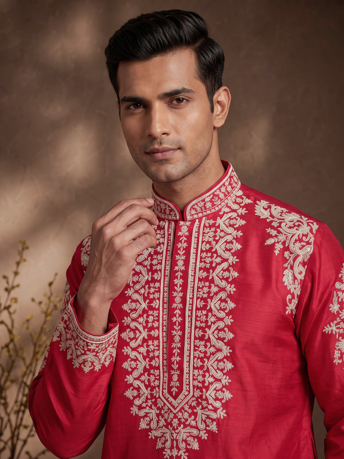 Rani pink silk blend mens kurta suit with embellished yoke