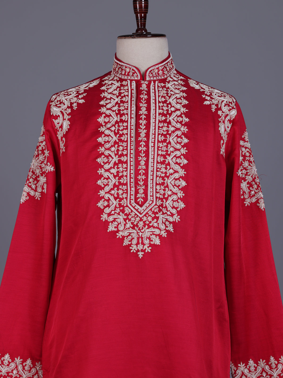 Rani pink silk blend mens kurta suit with embellished yoke