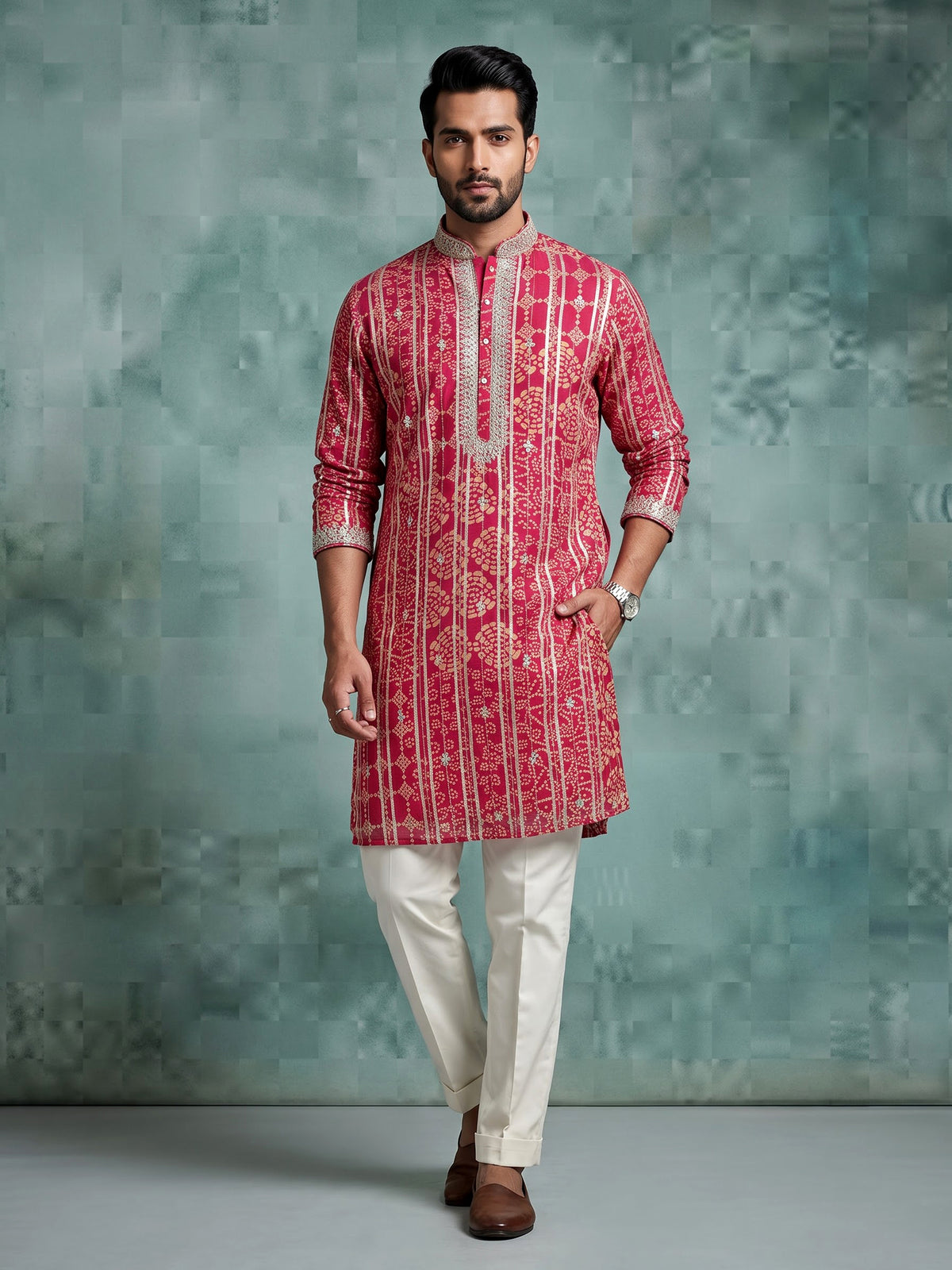 Deep pink chanderi silk mens kurta suit with bandhani gota embellishments