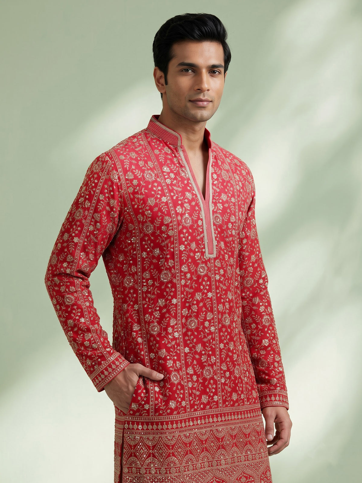 Rani pink georgette mens kurta suit with floral sequin embroidery