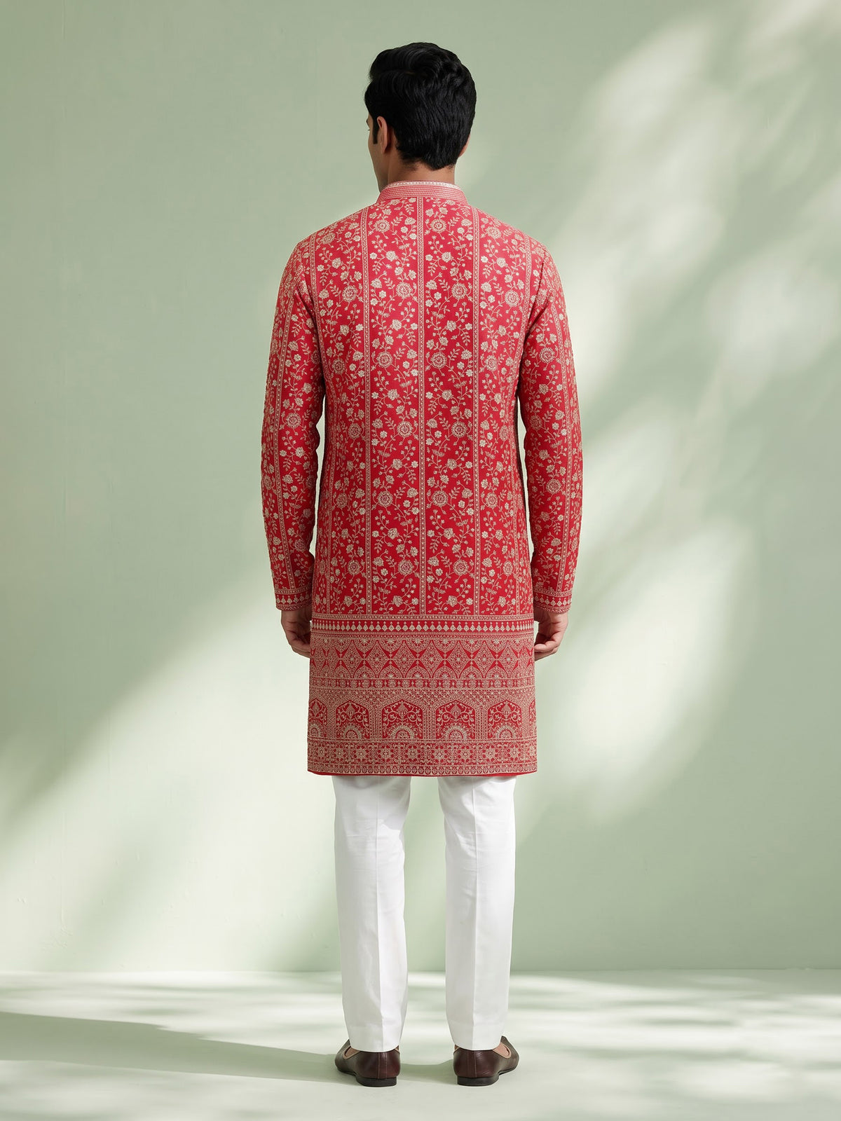 Rani pink georgette mens kurta suit with floral sequin embroidery