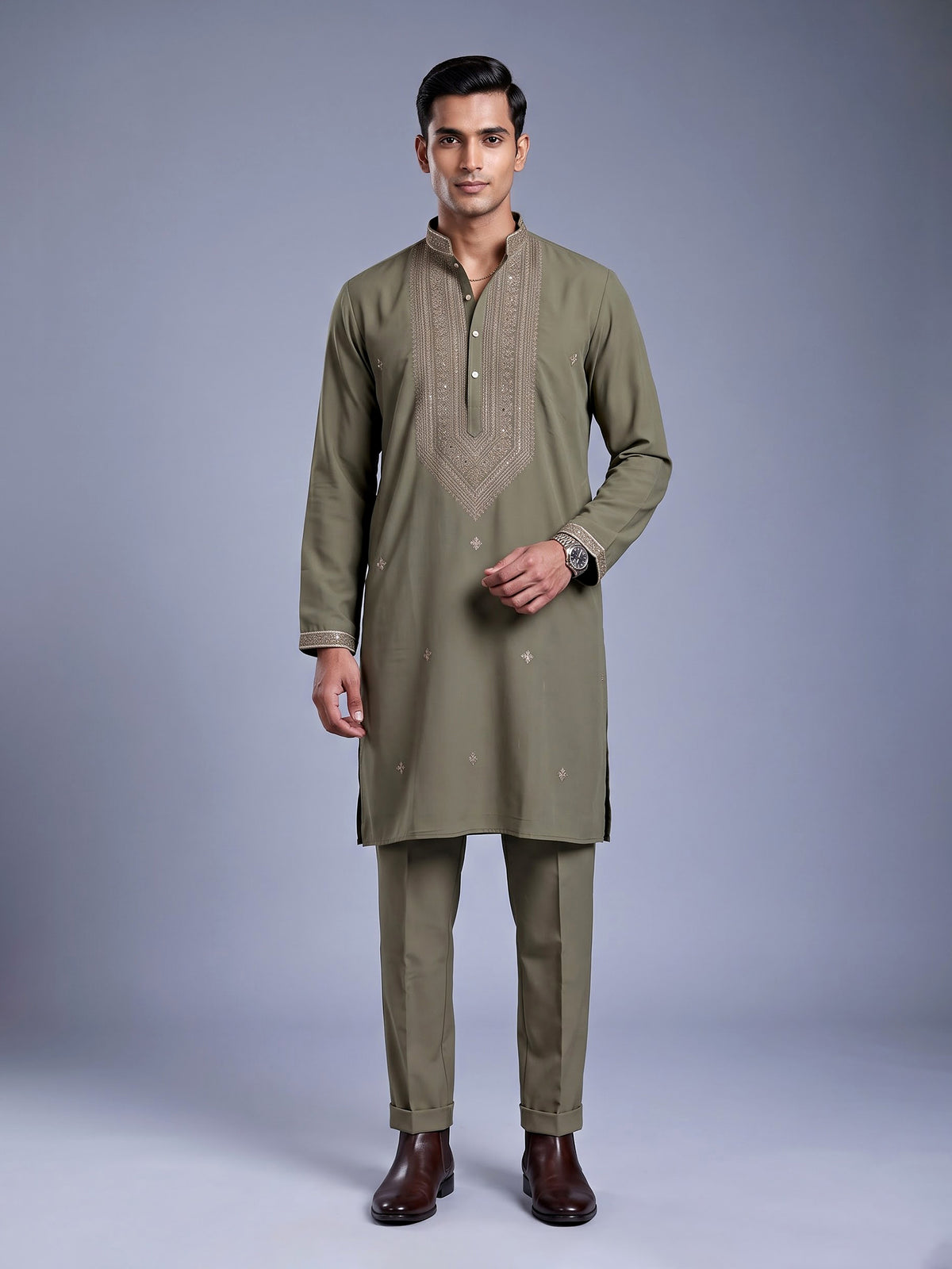 Muted olive cotton silk mens kurta suit with embellished yoke