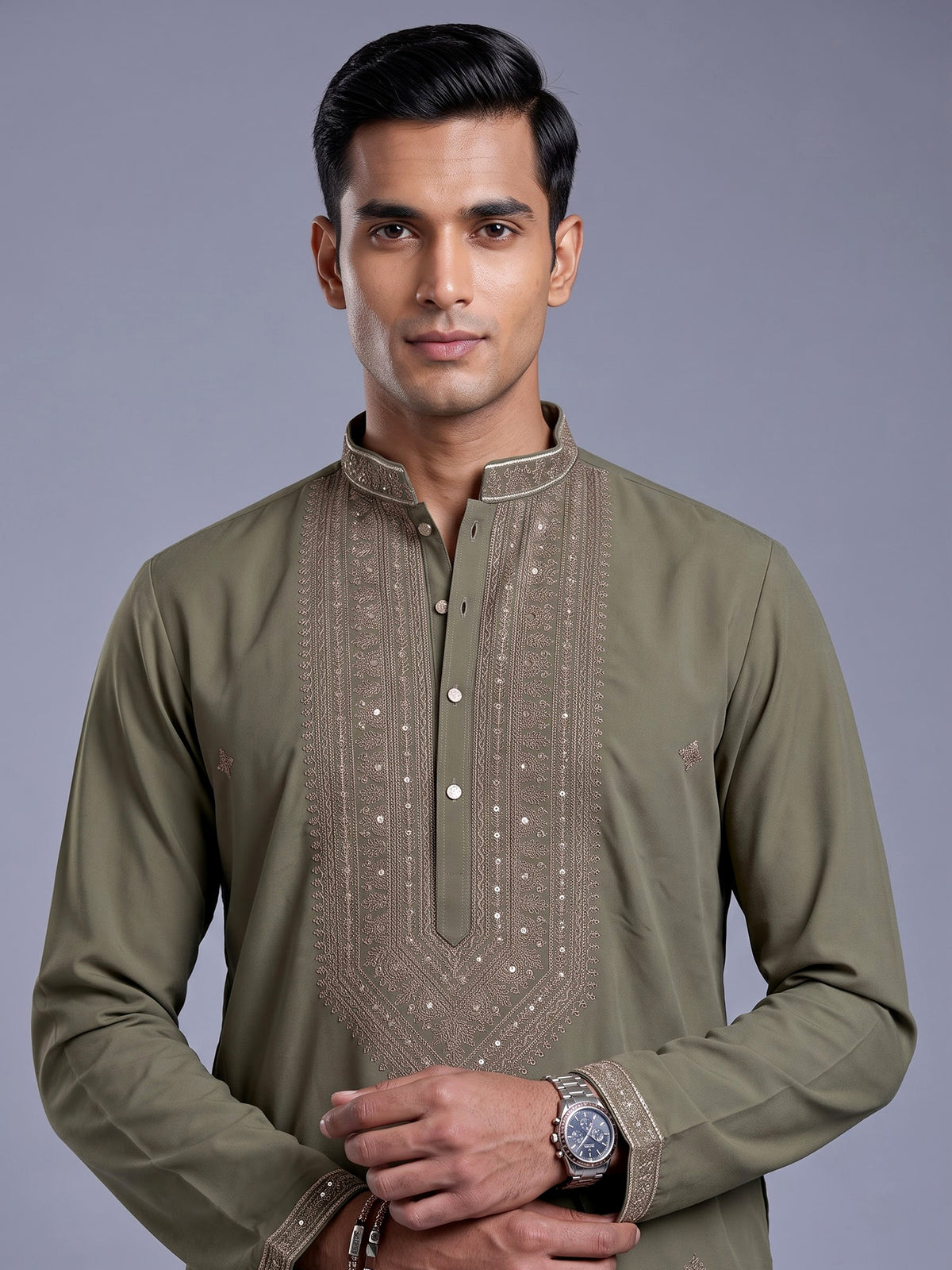 Muted olive cotton silk mens kurta suit with embellished yoke