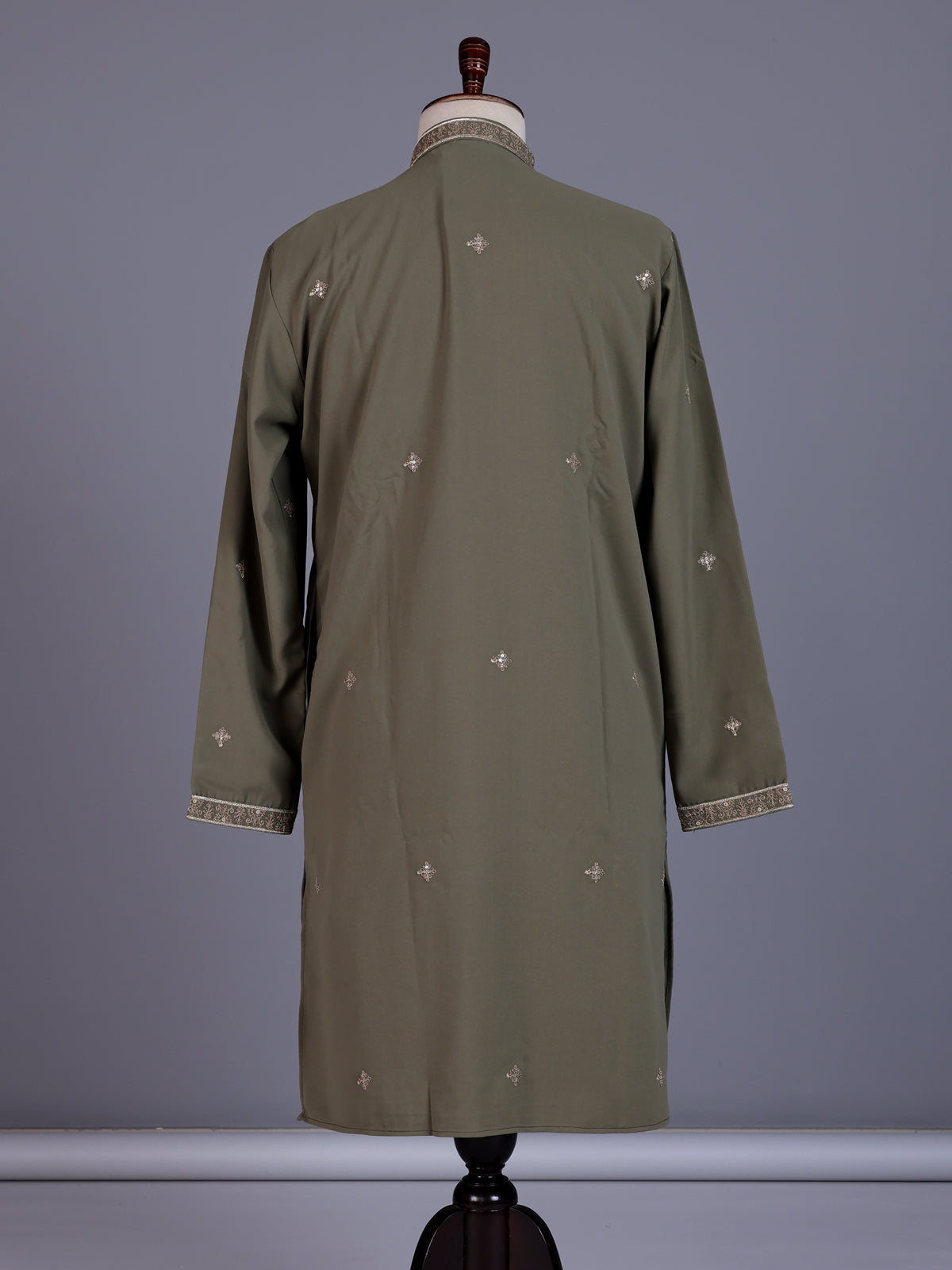 Muted olive cotton silk mens kurta suit with embellished yoke