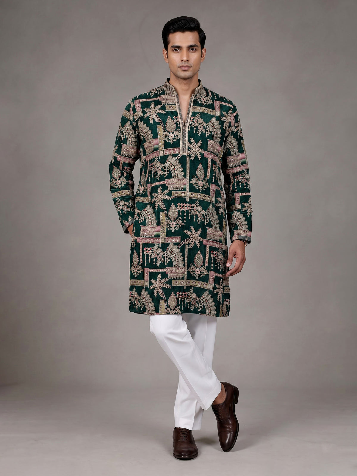 Forest green tusser silk mens kurta suit with architectural sequin embroidery