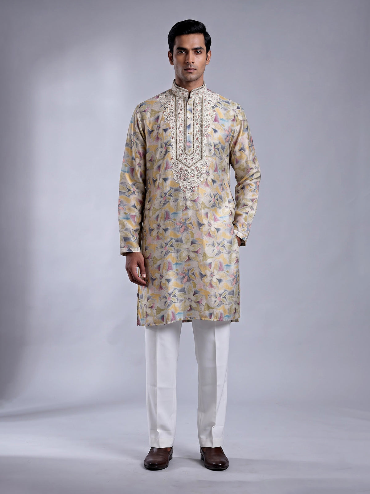 Beige chanderi silk floral printed mens kurta suit with embroidered yoke