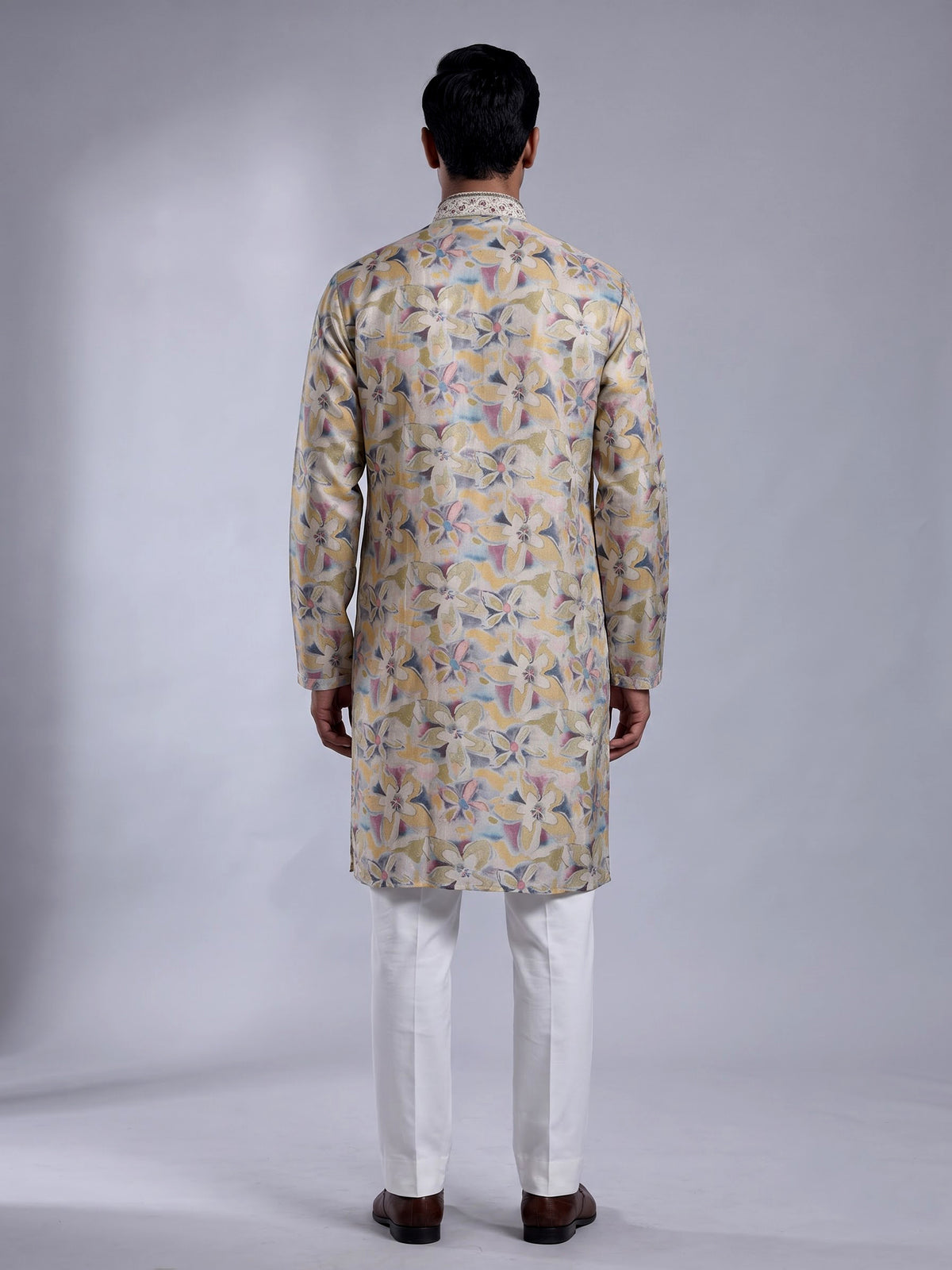 Beige chanderi silk floral printed mens kurta suit with embroidered yoke
