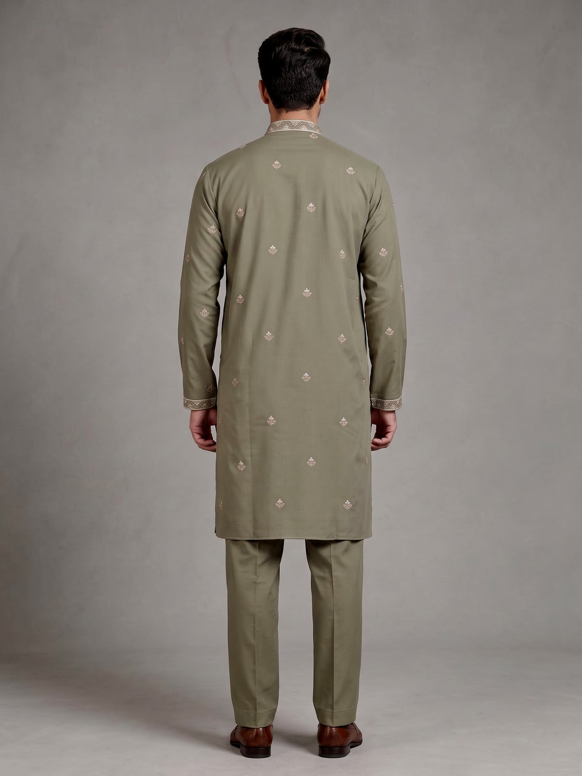 Dusty olive cotton silk mens kurta suit with threadwork yoke