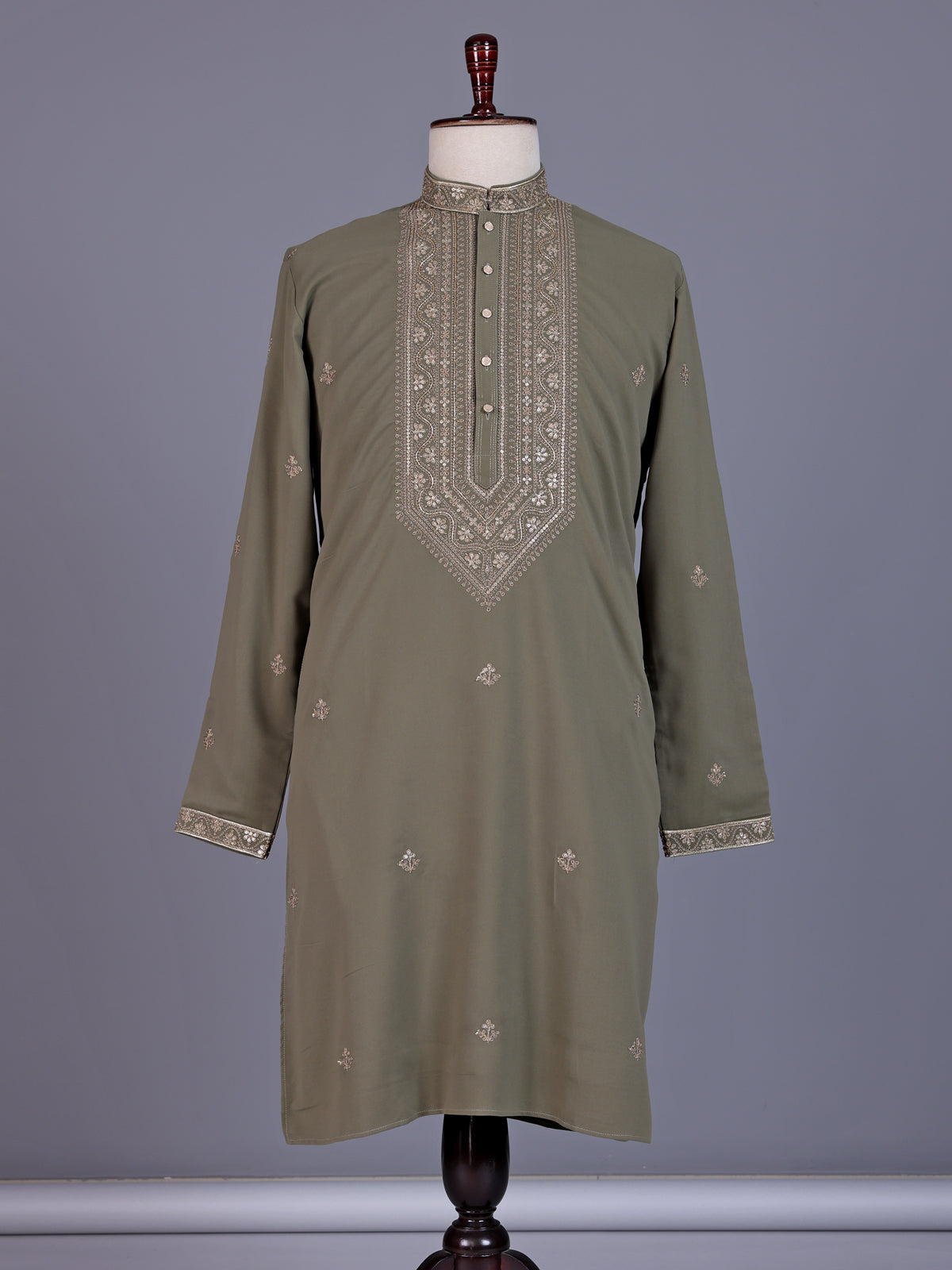 Dusty olive cotton silk mens kurta suit with threadwork yoke