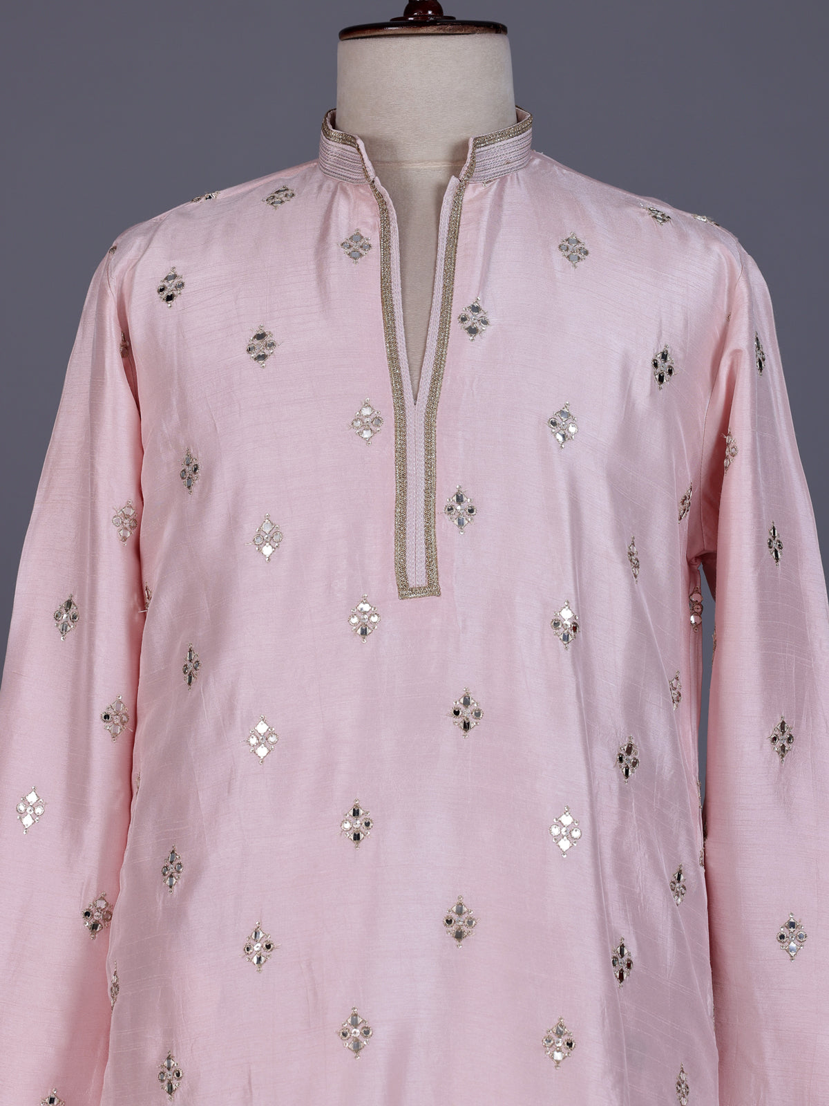 Light pink chanderi silk mens kurta suit with mirror sequin detailing
