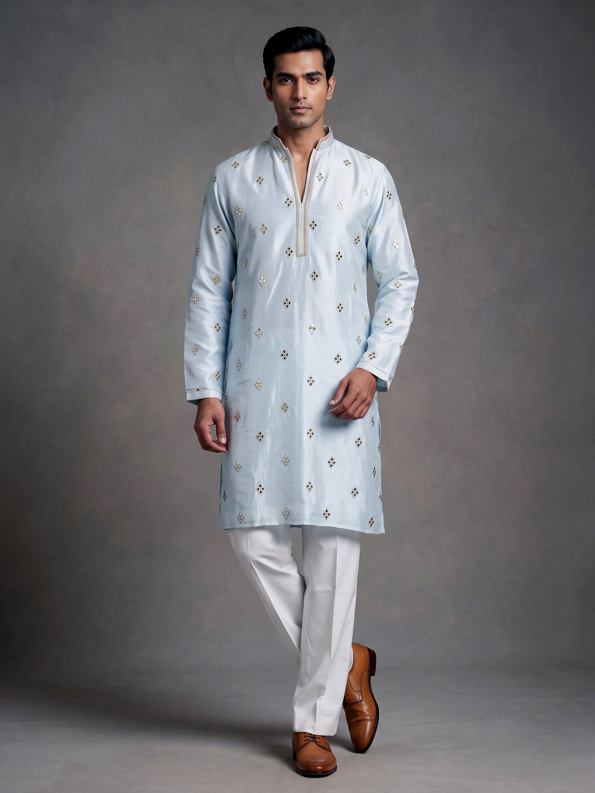 Mint blue chanderi silk mens kurta suit with diamond mirrorwork butis