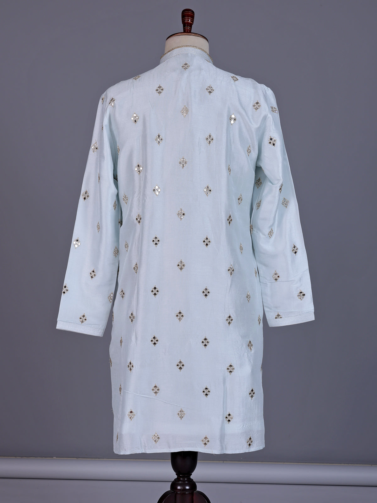 Mint blue chanderi silk mens kurta suit with diamond mirrorwork butis