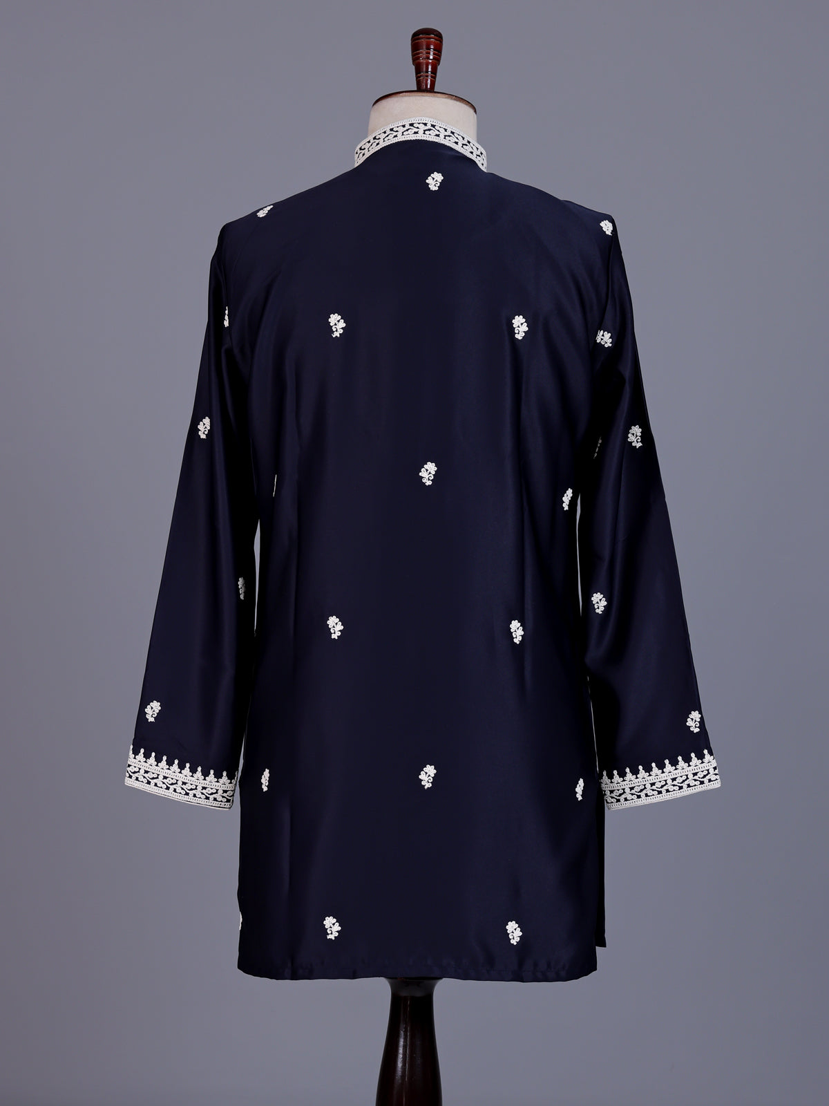 Dark navy Poly-Viscose mens kurta suit with white chikankari work