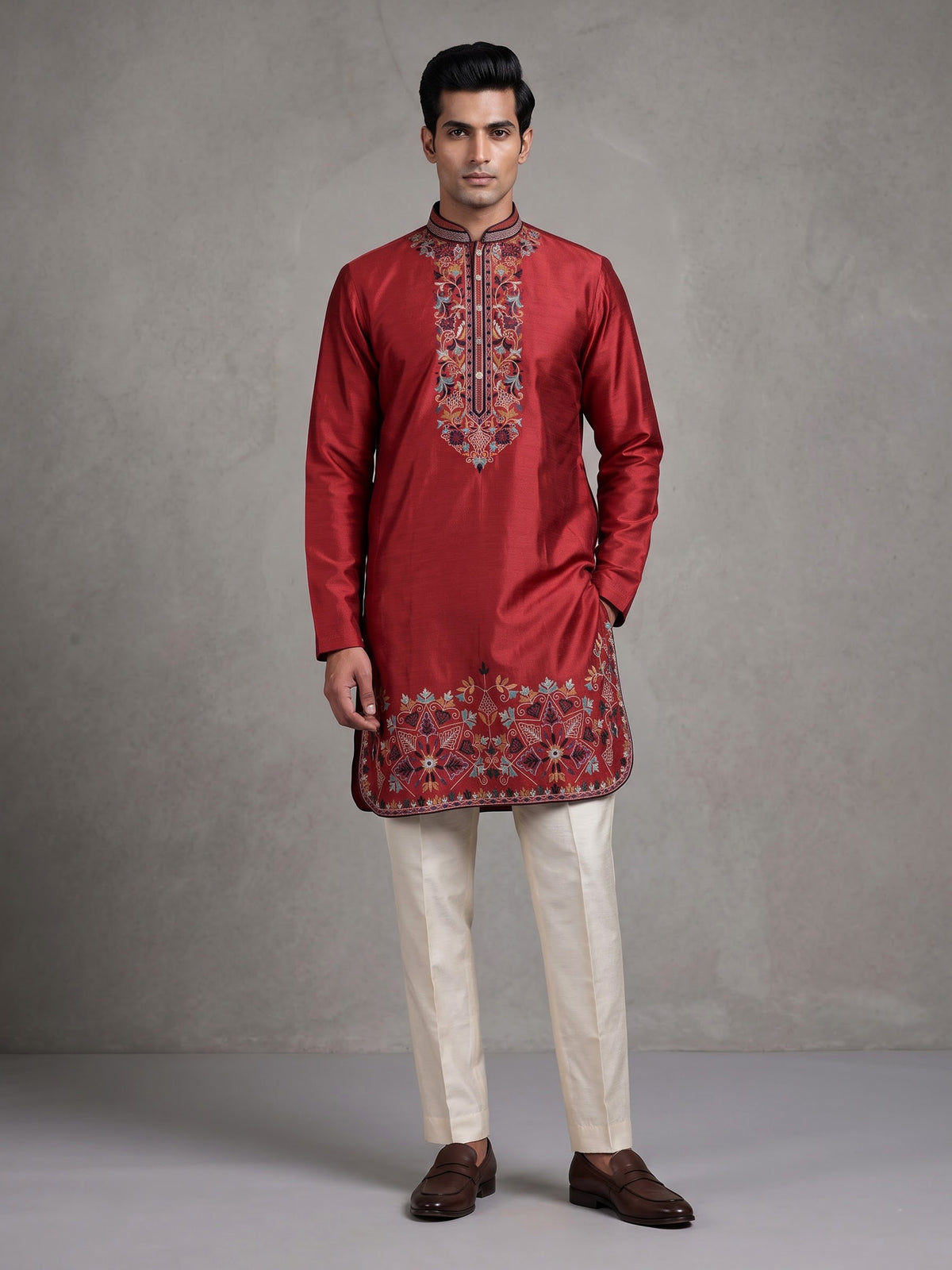 Maroon silk mens kurta suit with persian floral threadwork