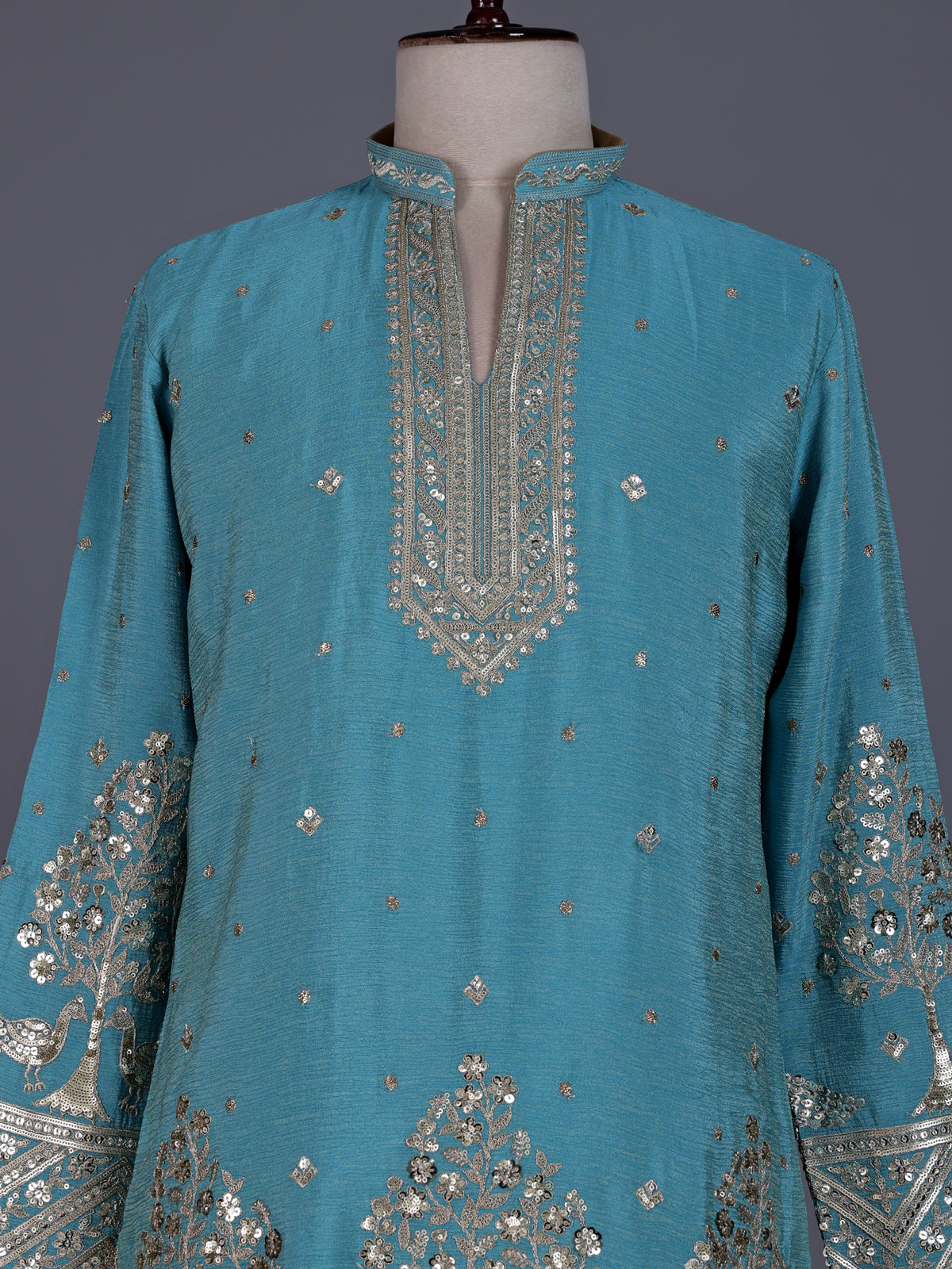 Aqua tusser silk mens kurta suit with embroidered V-notch yoke