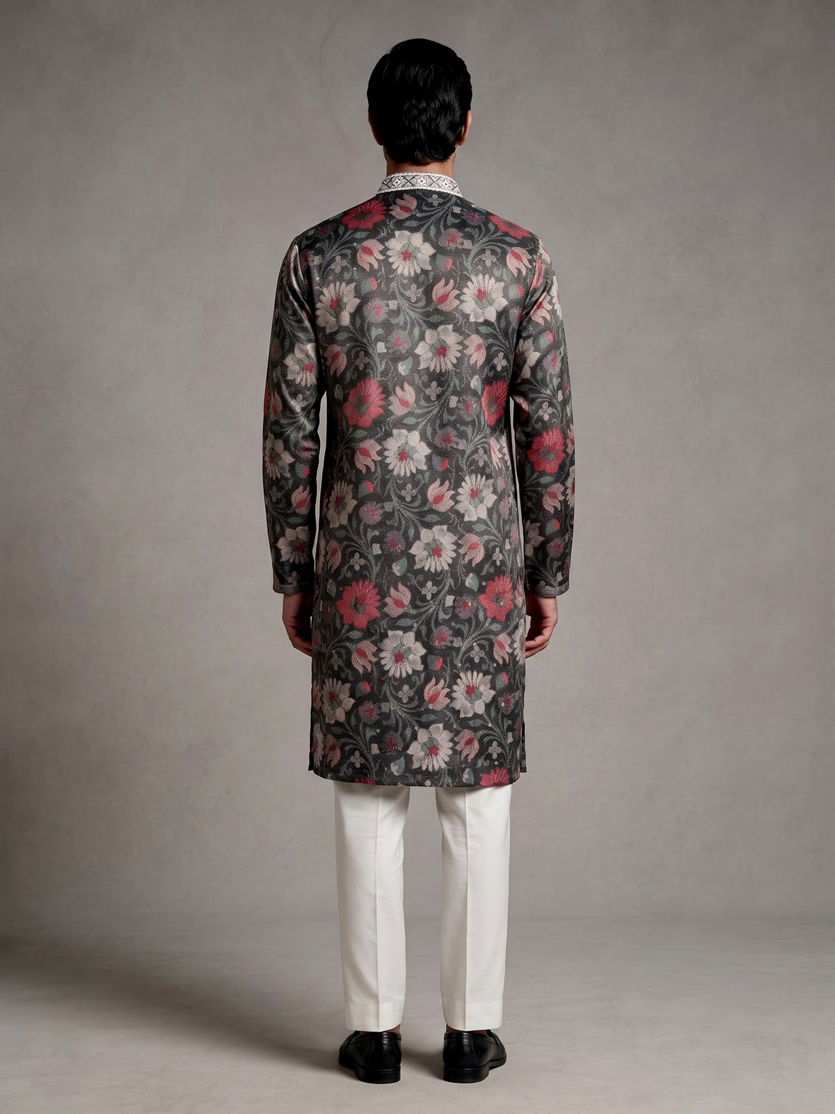 Charcoal black chanderi silk mens kurta suit with botanical tapestry embroidery