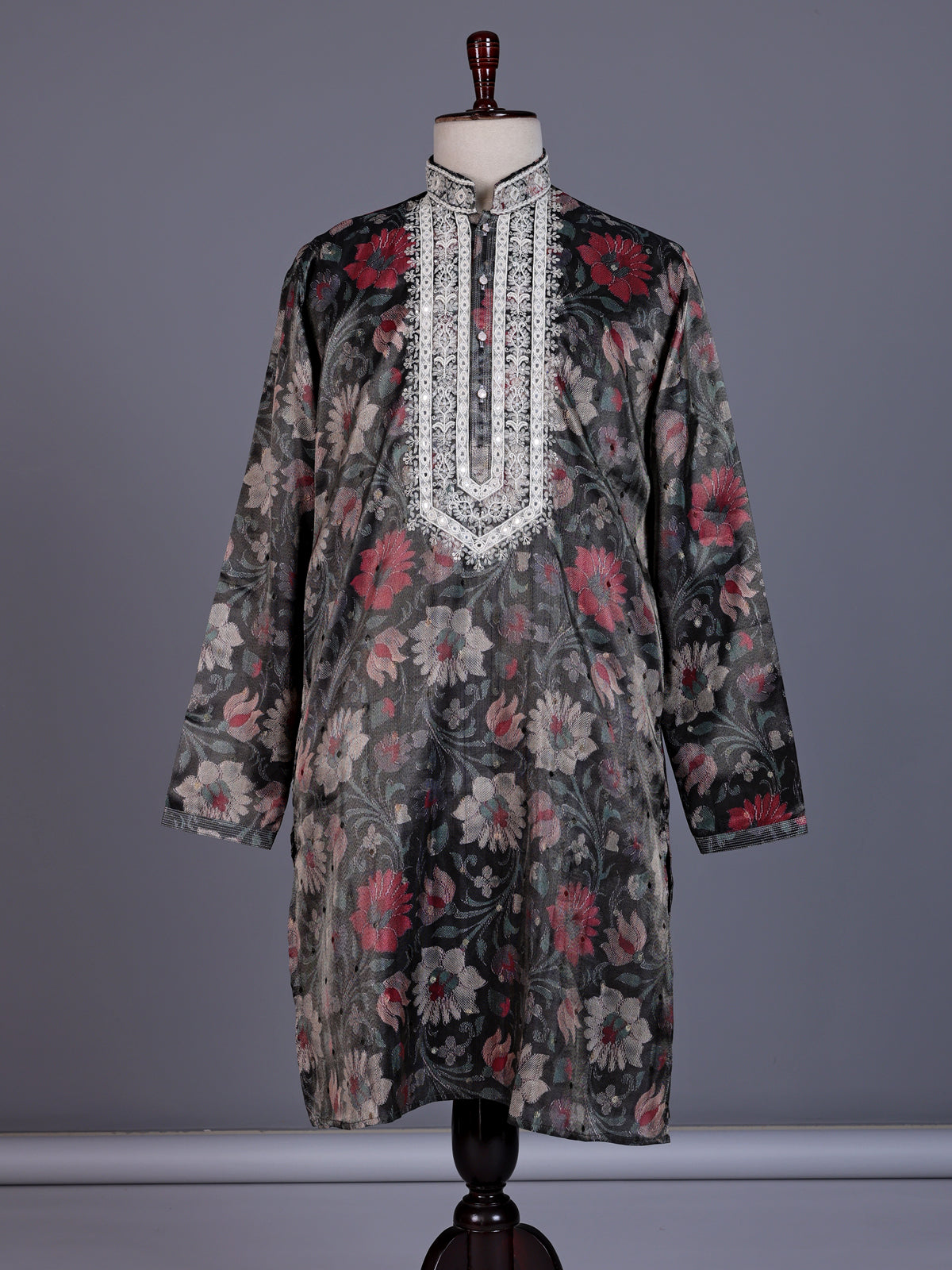 Charcoal black chanderi silk mens kurta suit with botanical tapestry embroidery