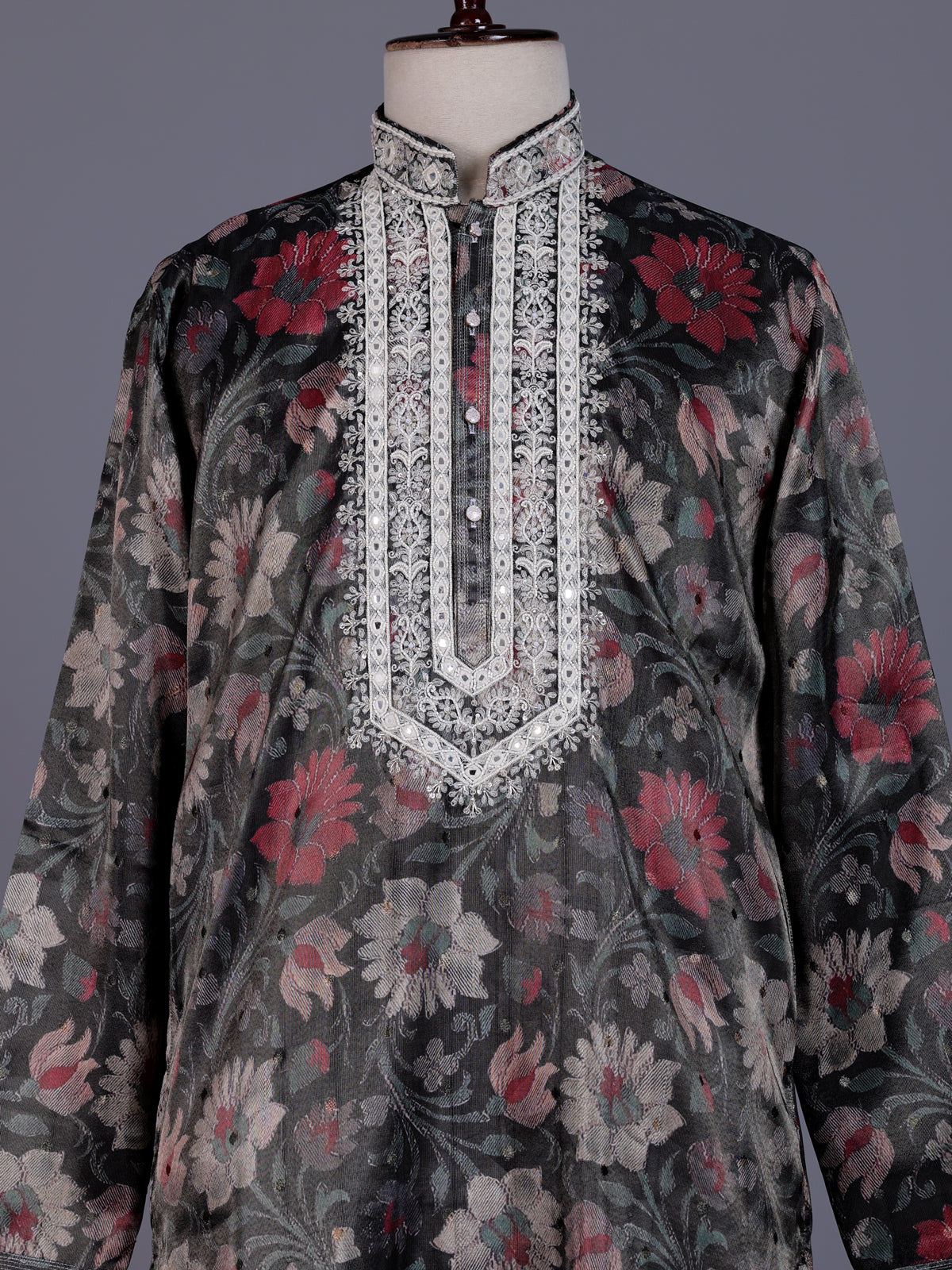 Charcoal black chanderi silk mens kurta suit with botanical tapestry embroidery