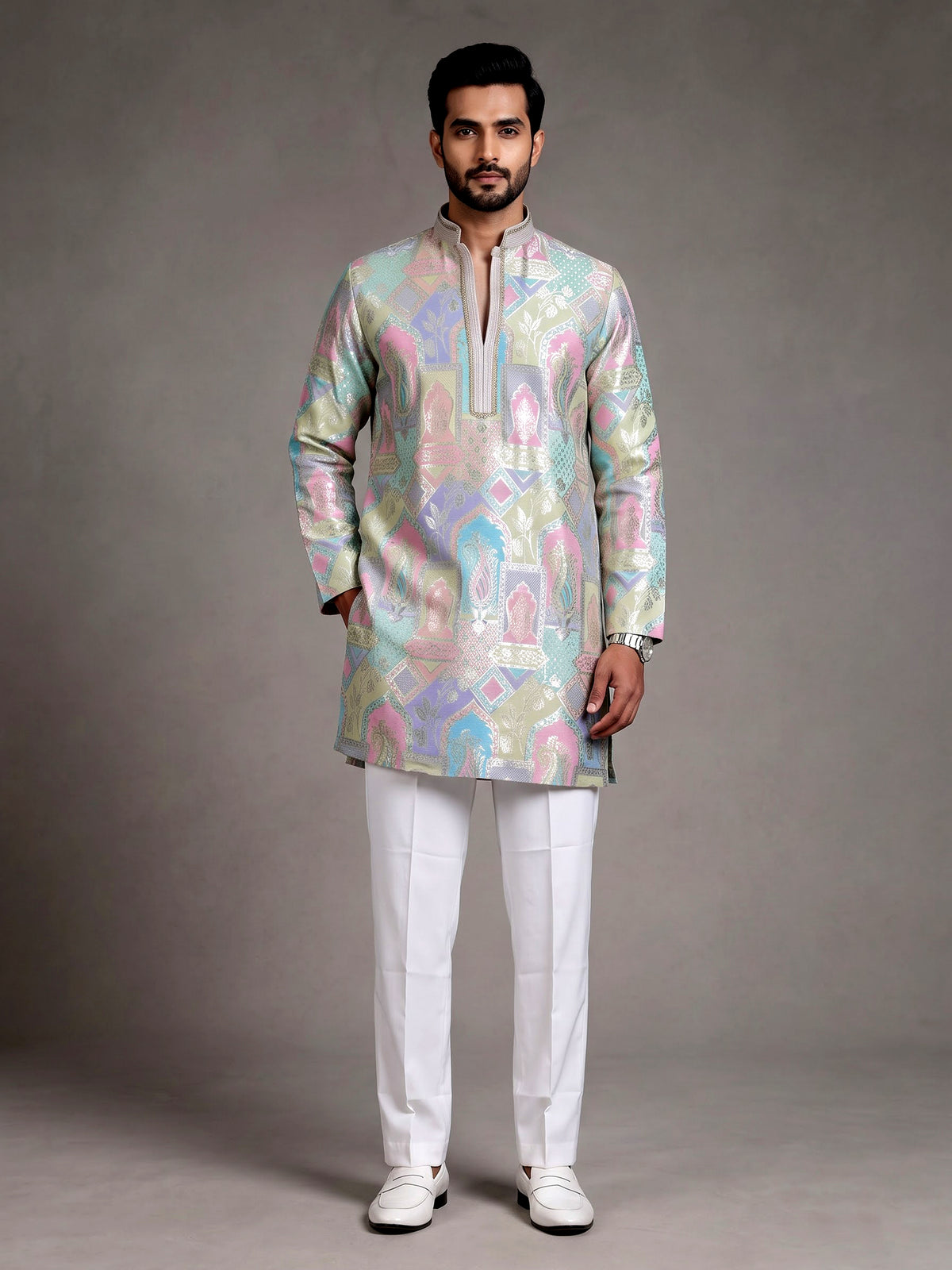 Multi color Banarasi Brocade mens kurta with paisley zari motifs