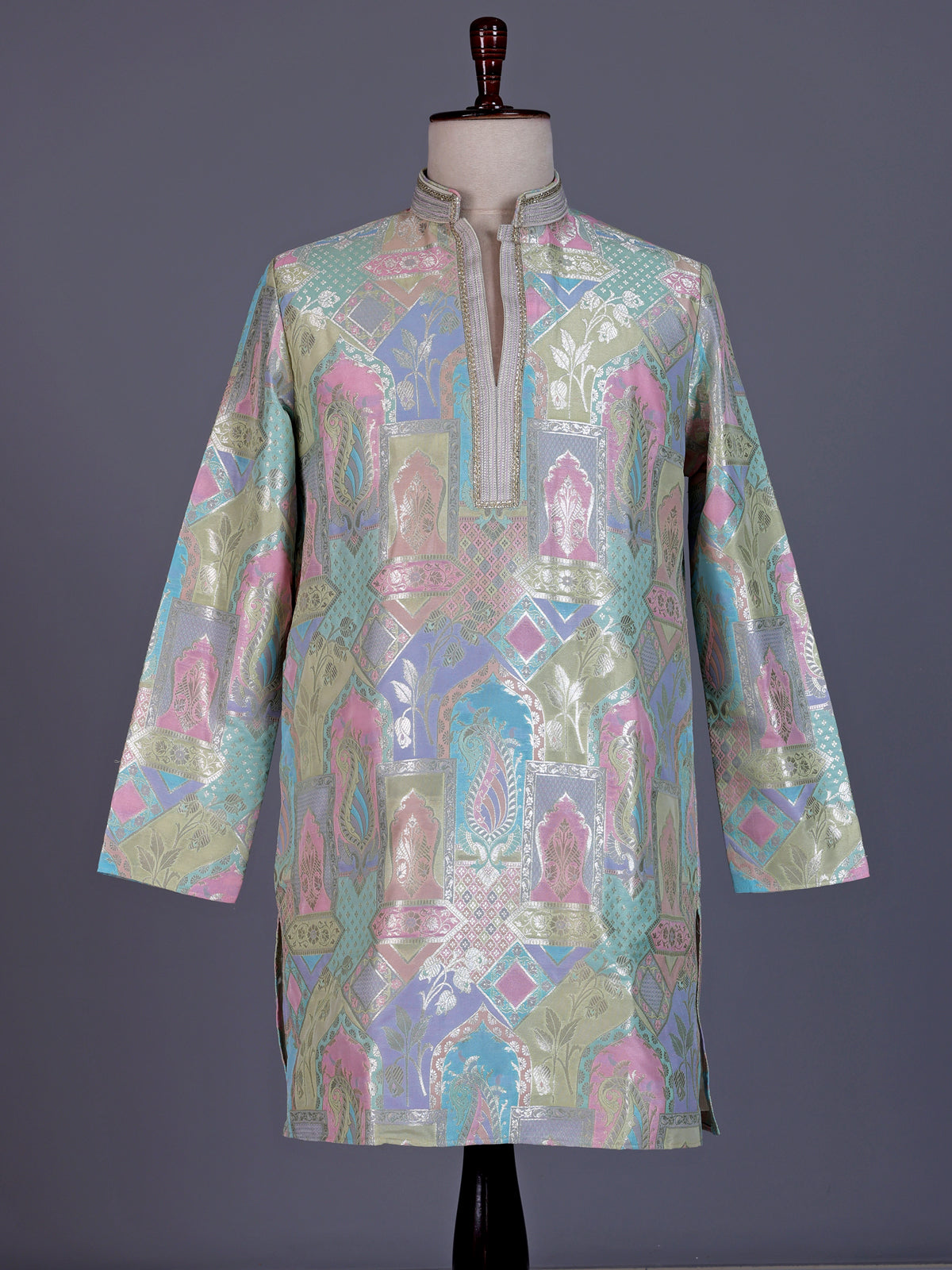 Multi color Banarasi Brocade mens kurta with paisley zari motifs