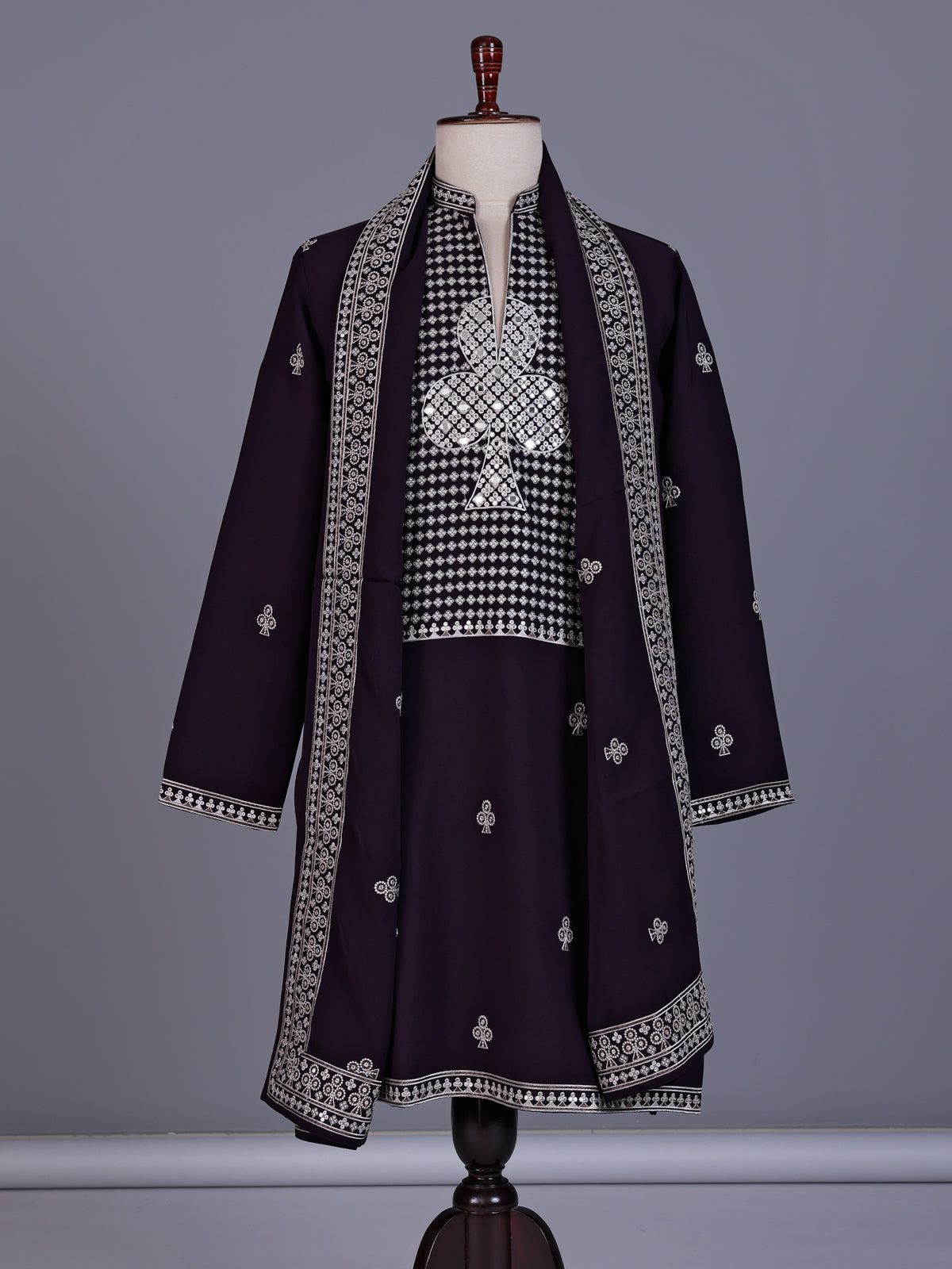 Dark wine georgette mens kurta suit with embellished dupatta