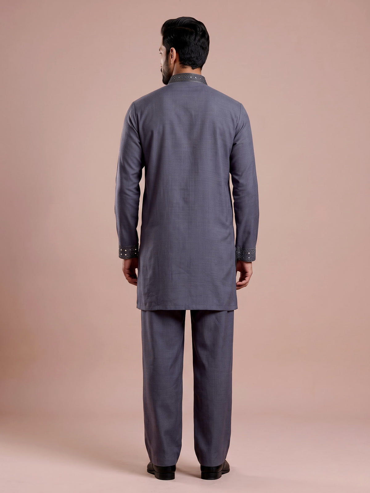 Stone grey cotton silk mens kurta with oxidized embellishments