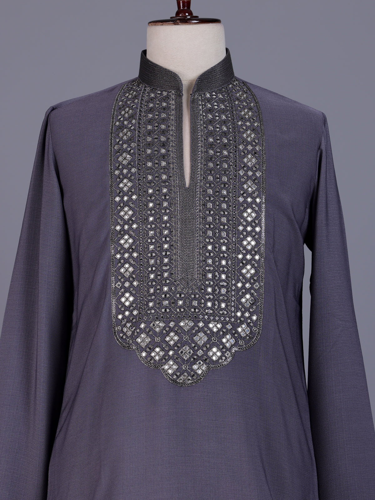 Stone grey cotton silk mens kurta with oxidized embellishments