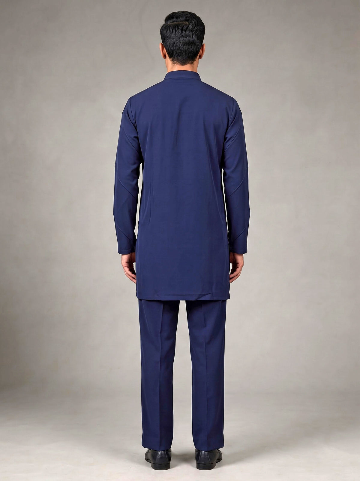 Navy Poly-Viscose mens short kurta with pintuck yoke