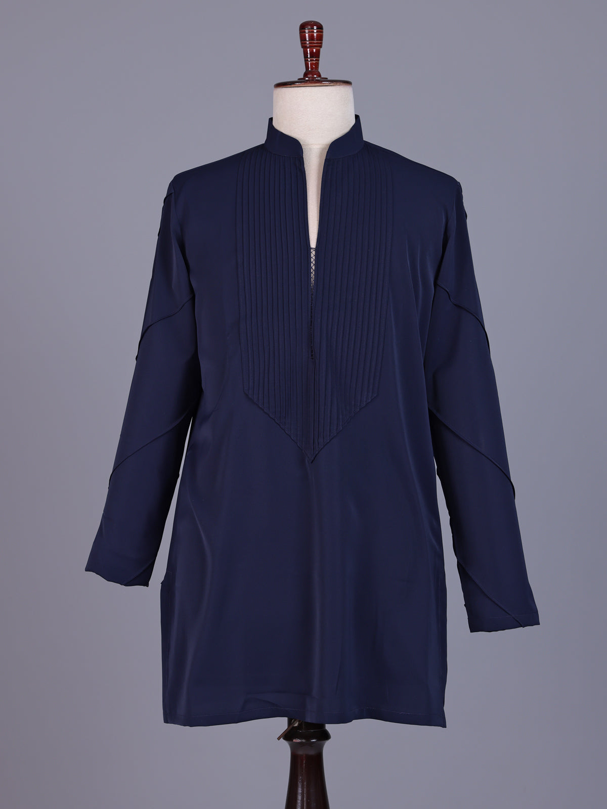 Navy Poly-Viscose mens short kurta with pintuck yoke