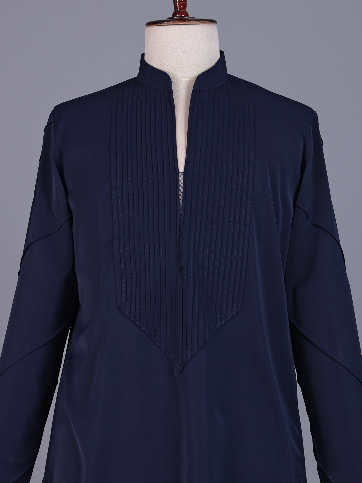 Navy Poly-Viscose mens short kurta with pintuck yoke