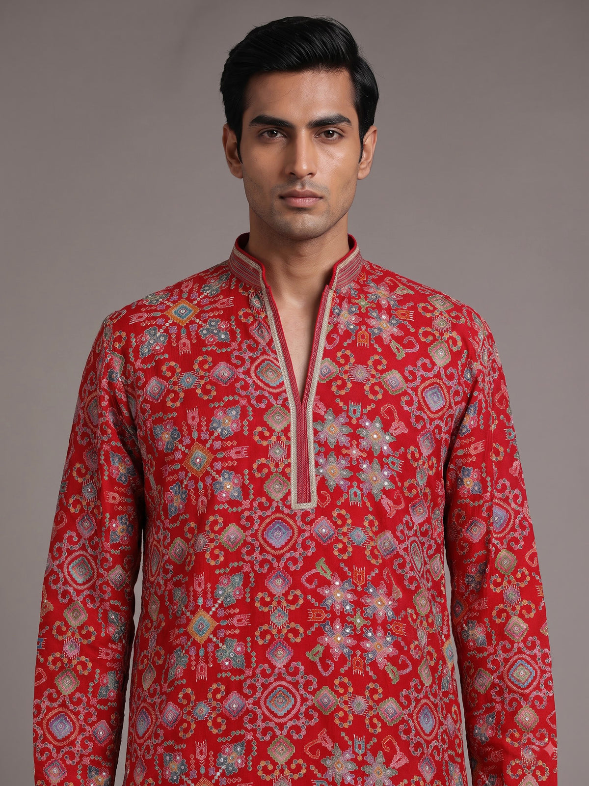Red chanderi silk mens kurta with geometric floral sequin embroidery