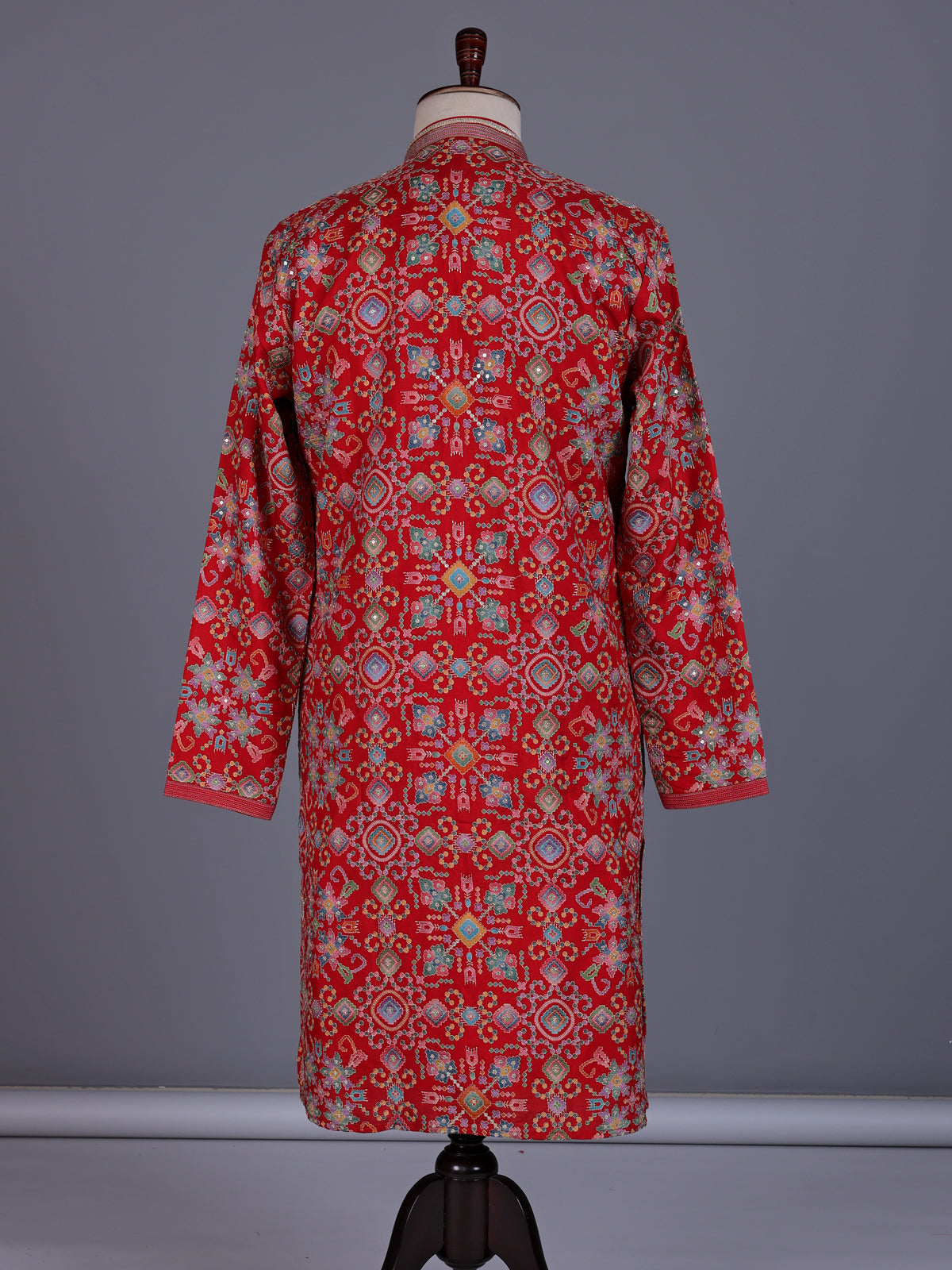 Red chanderi silk mens kurta with geometric floral sequin embroidery