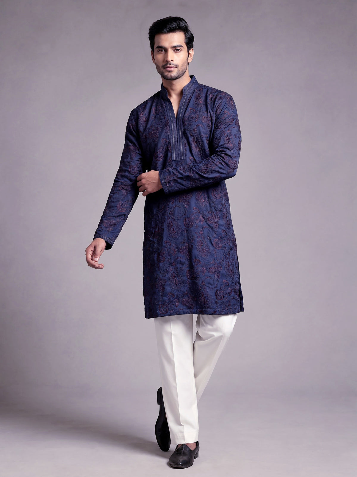 Dark blue tusser silk mens kurta with botanical jaal embroidery