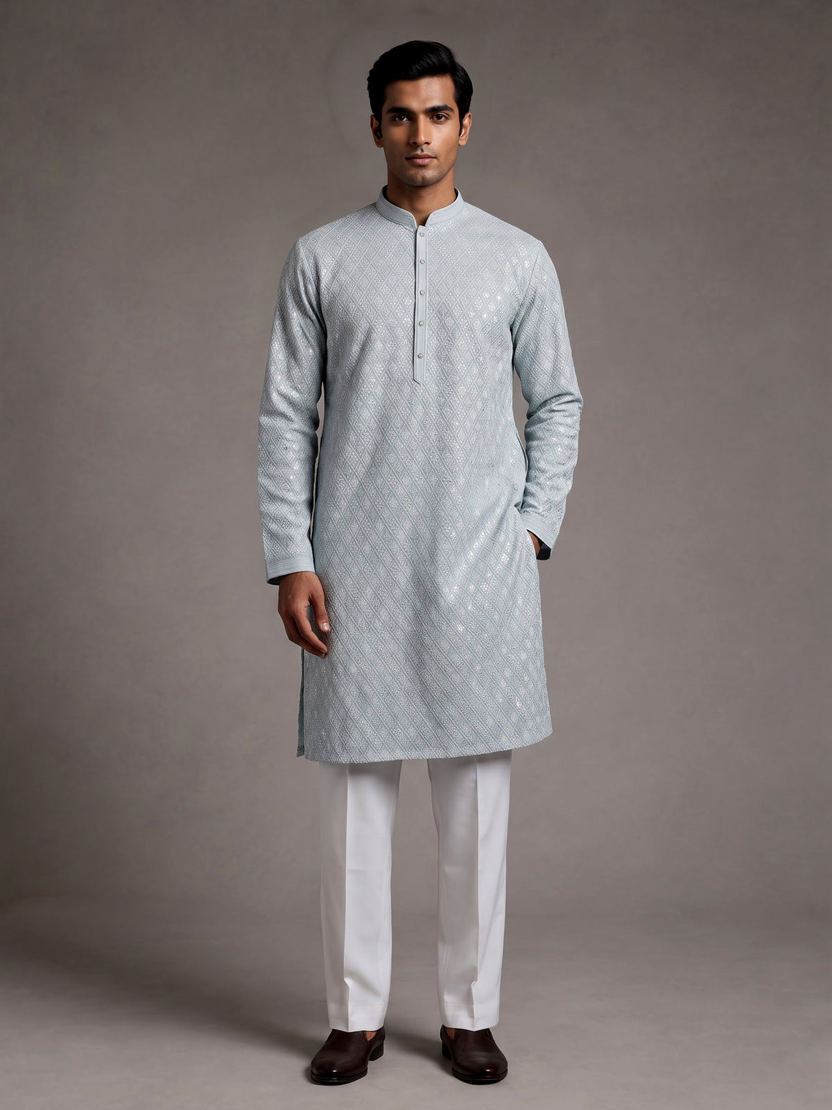 Mint blue modal silk mens kurta with geometric sequin embroidery