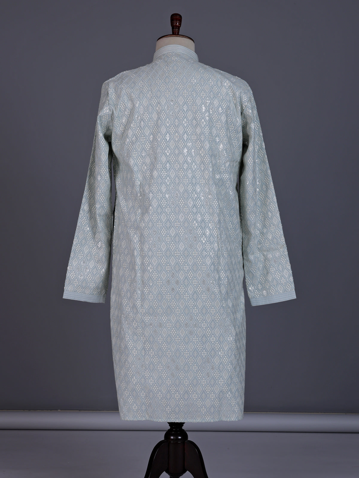 Mint blue modal silk mens kurta with geometric sequin embroidery