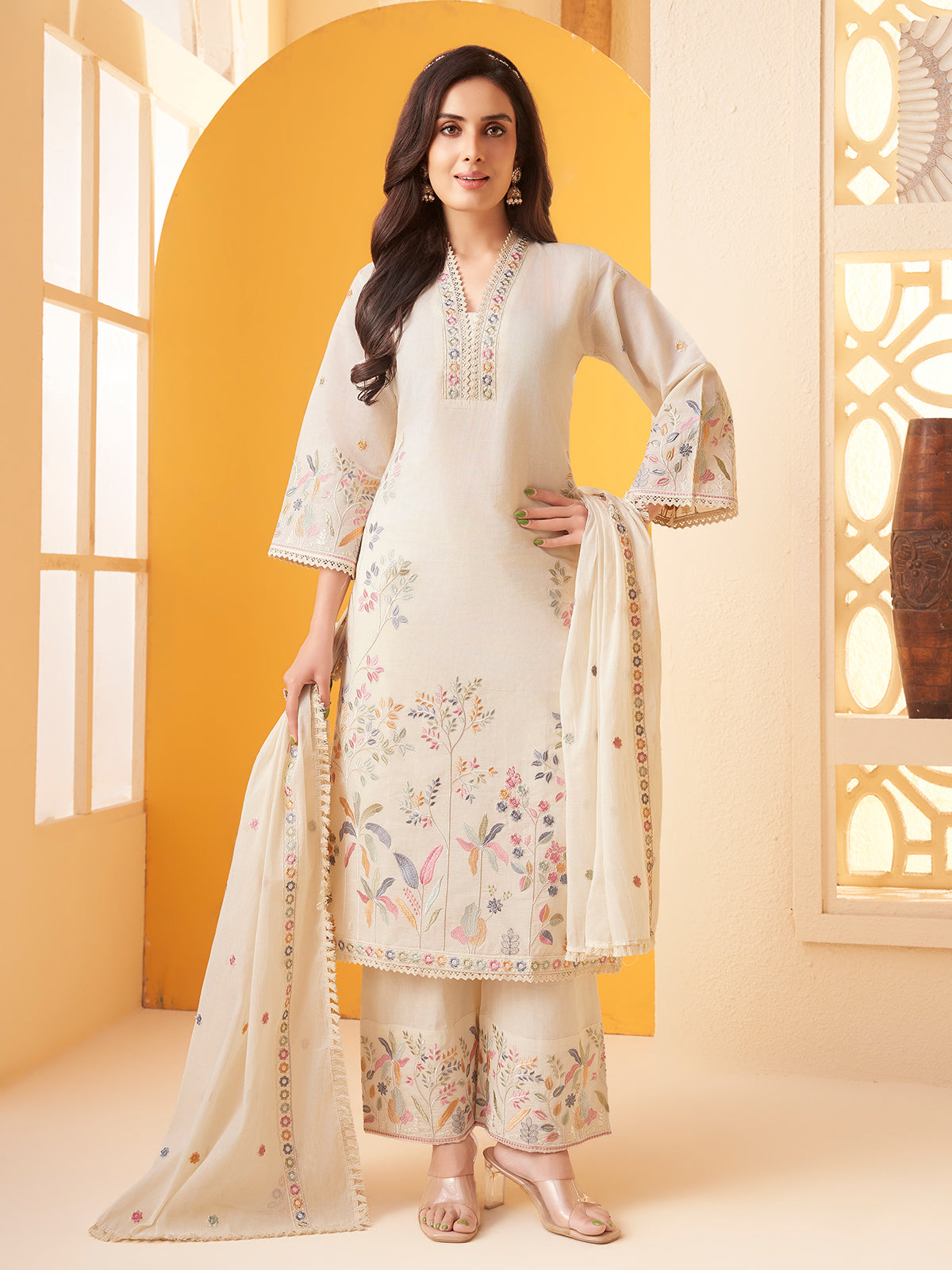Off white cotton straight cut salwar suit with embroidery