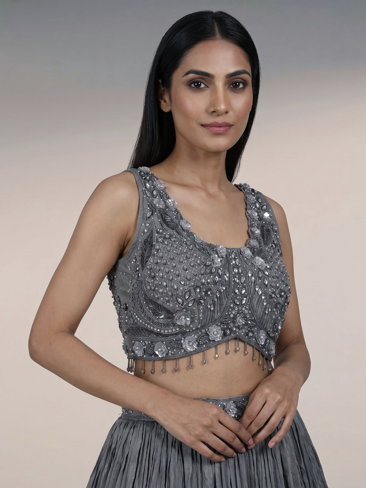 Grey chiffon georgette lehenga choli with diamond embellishments