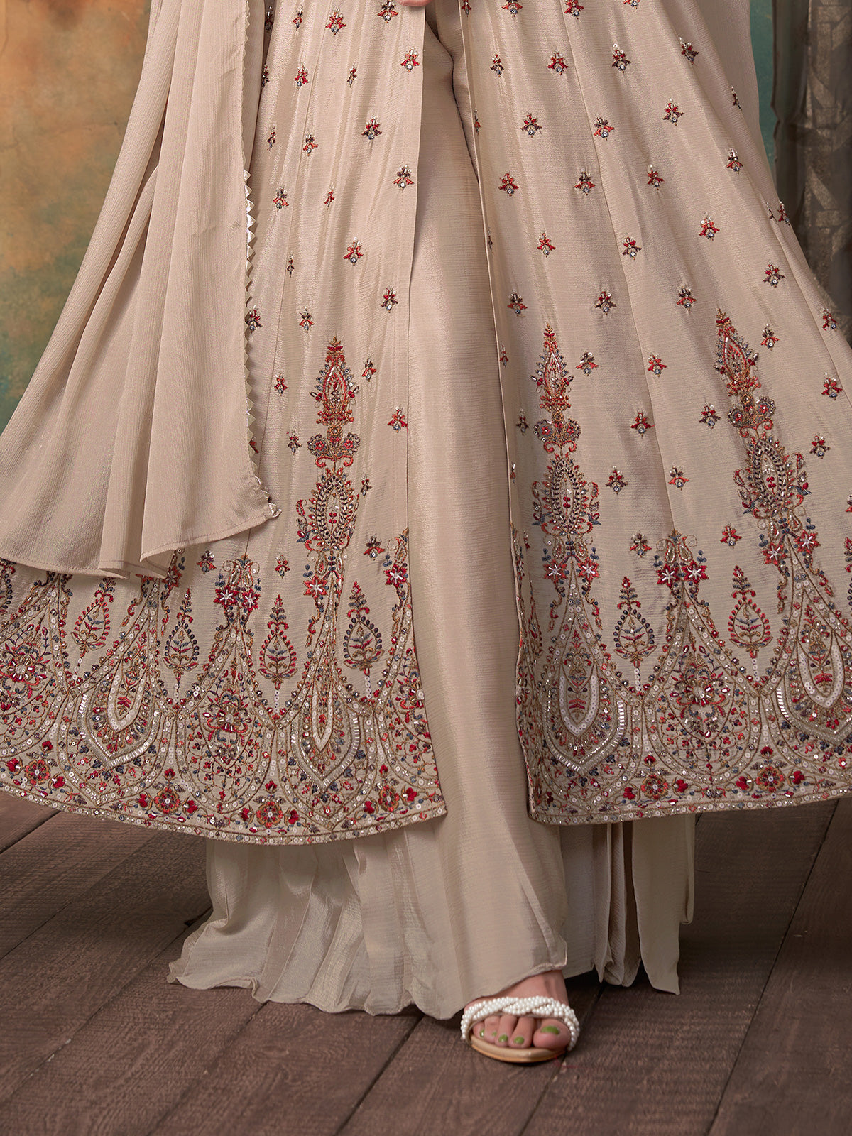 Pastel beige chiffon georgette anarkali palazzo suit for festival