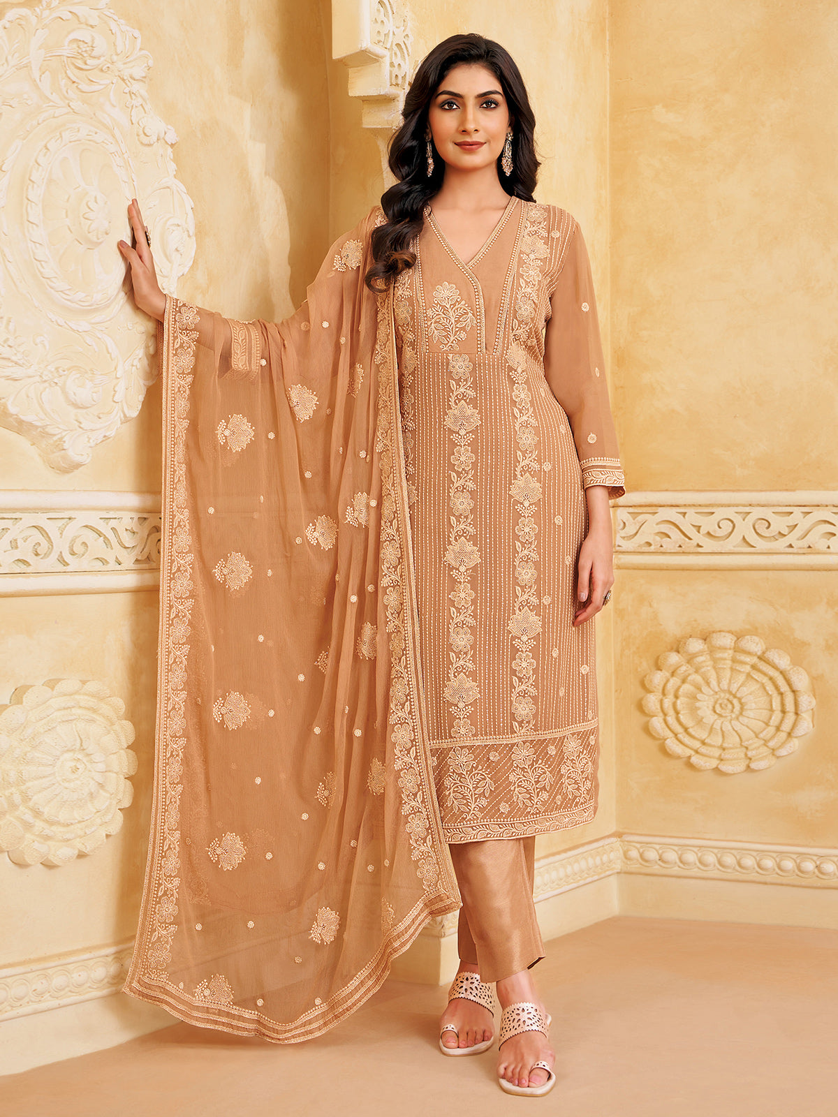 Peach georgette salwar suit with thread work