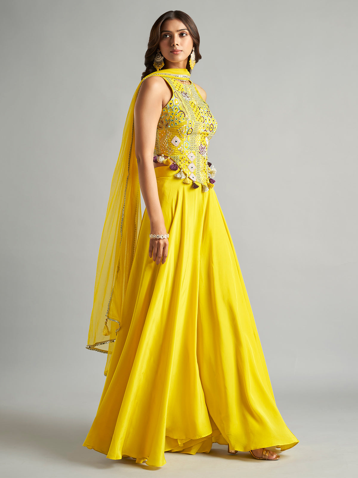 Yellow silk wedding wear palazzo suit with dupatta