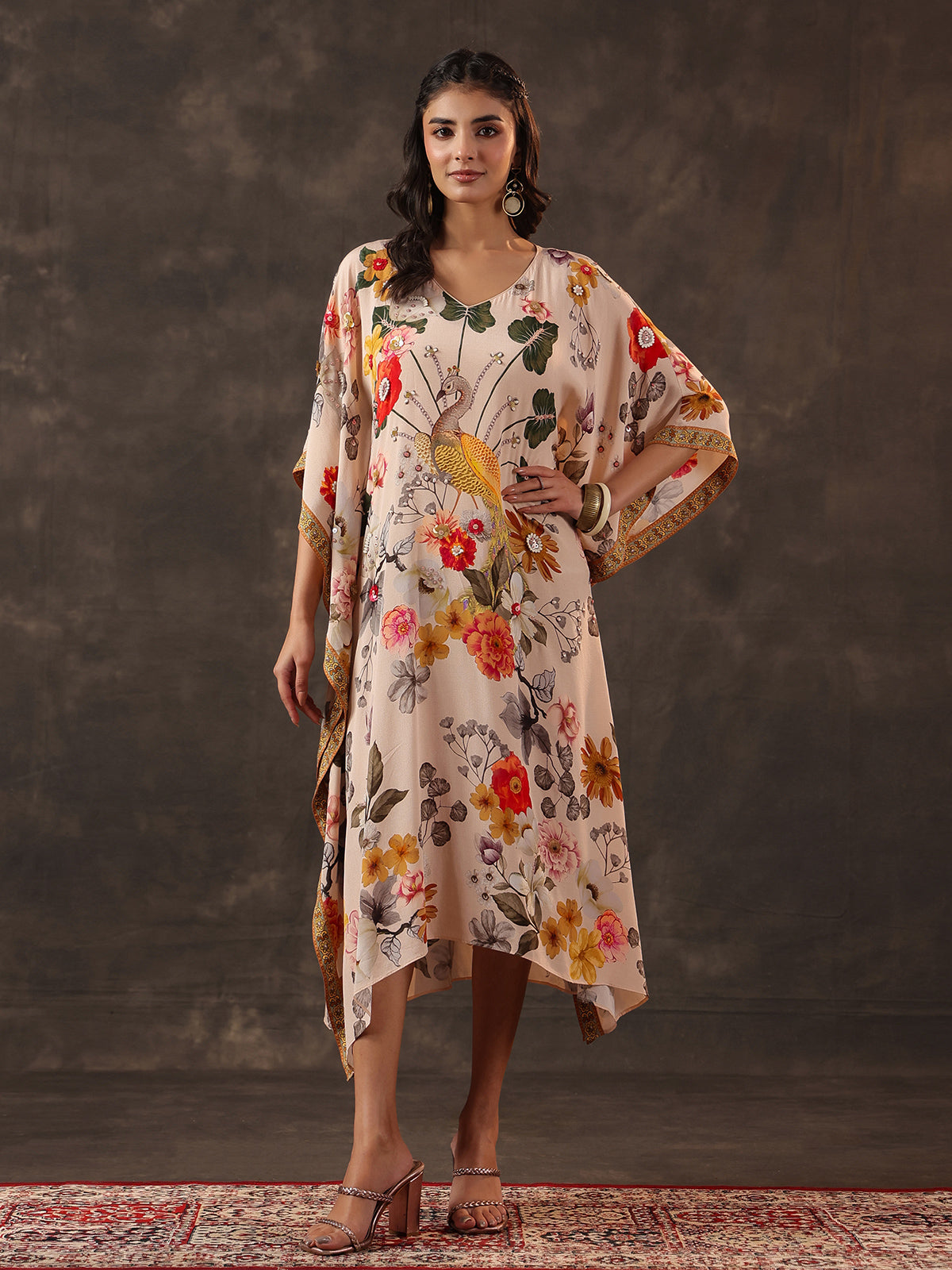 Beige viscose crepe printed kaftan style festive kurti