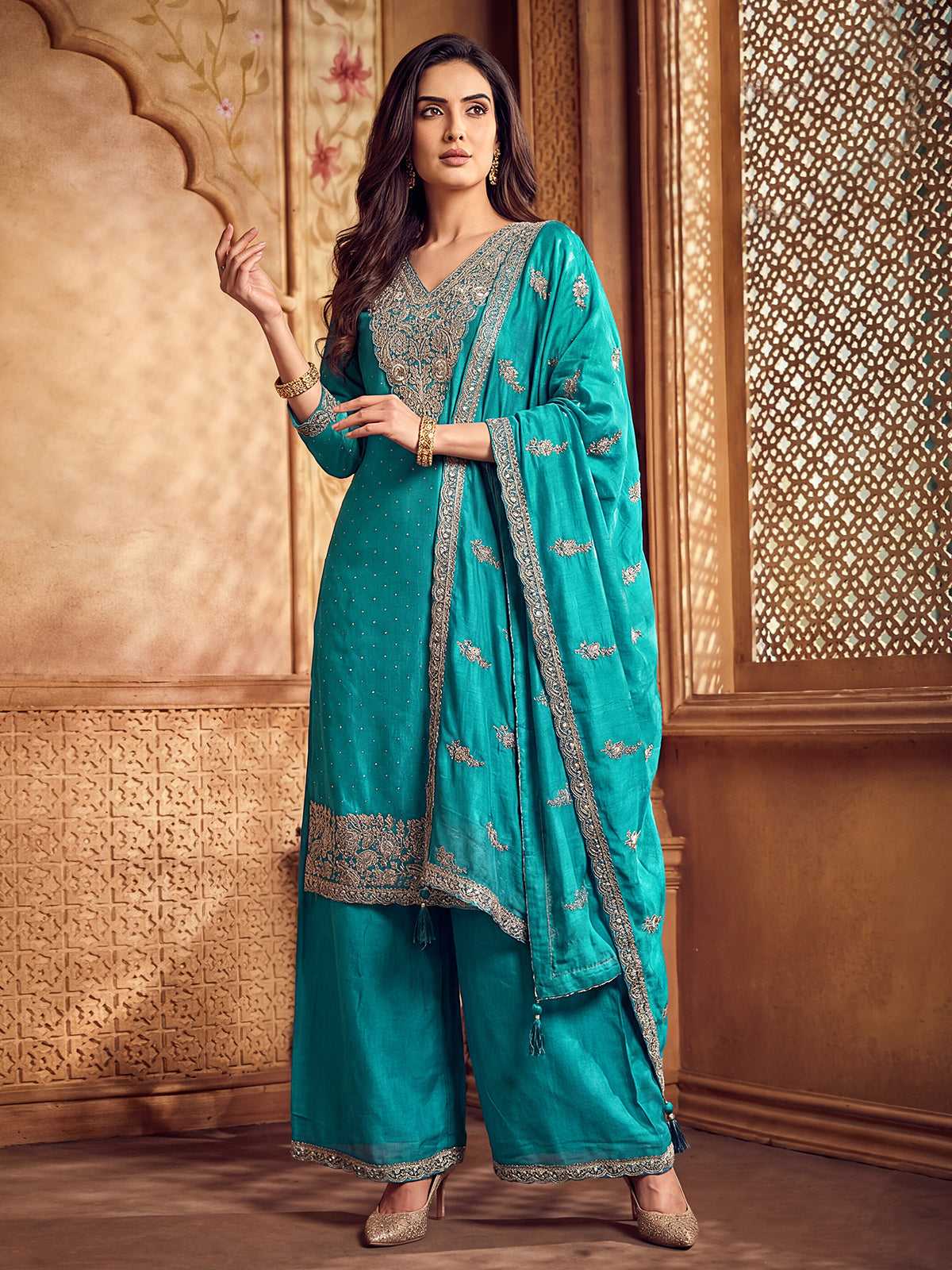Aqua blue silk pakistani festive wear palazzo suit with dupatta