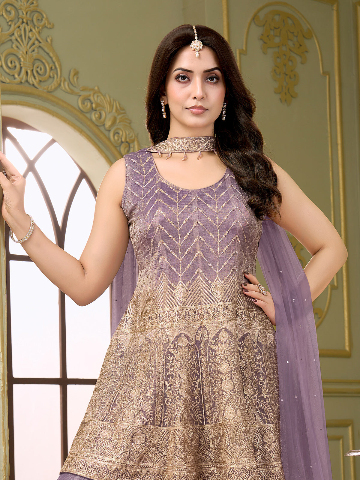 Pastel lavender purple chiffon silk palazzo suit with embroidery work