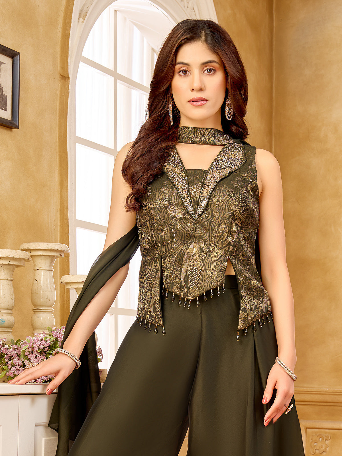 Mehendi green brocade salwar suit with zari embellished collar