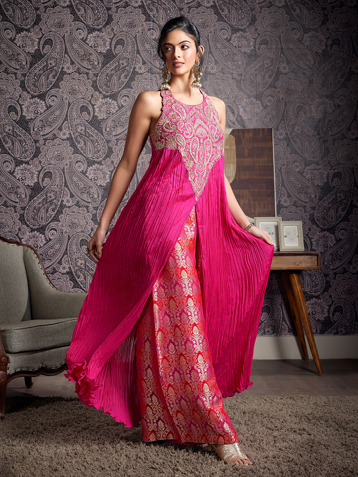 Rani pink silk embellished festive wear palazzo suit