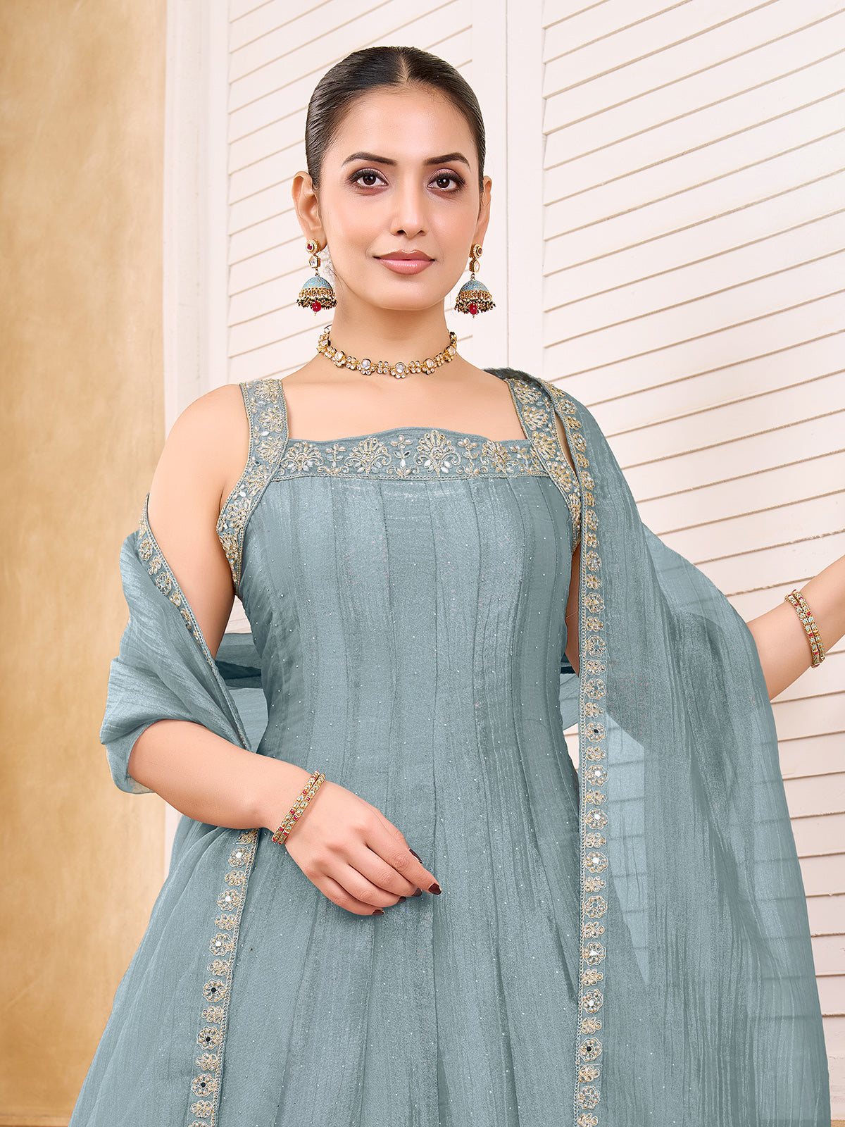 Mint blue chiffon tissue silk anarkali suit with mirror work